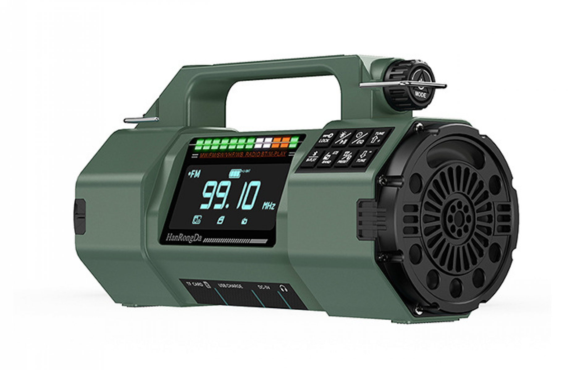Ein grünes tragbares Radio mit Griff, Anzeige mit 99,10 MHz und einem Lautsprecher. Knöpfe und ein Drehregler sind sichtbar.