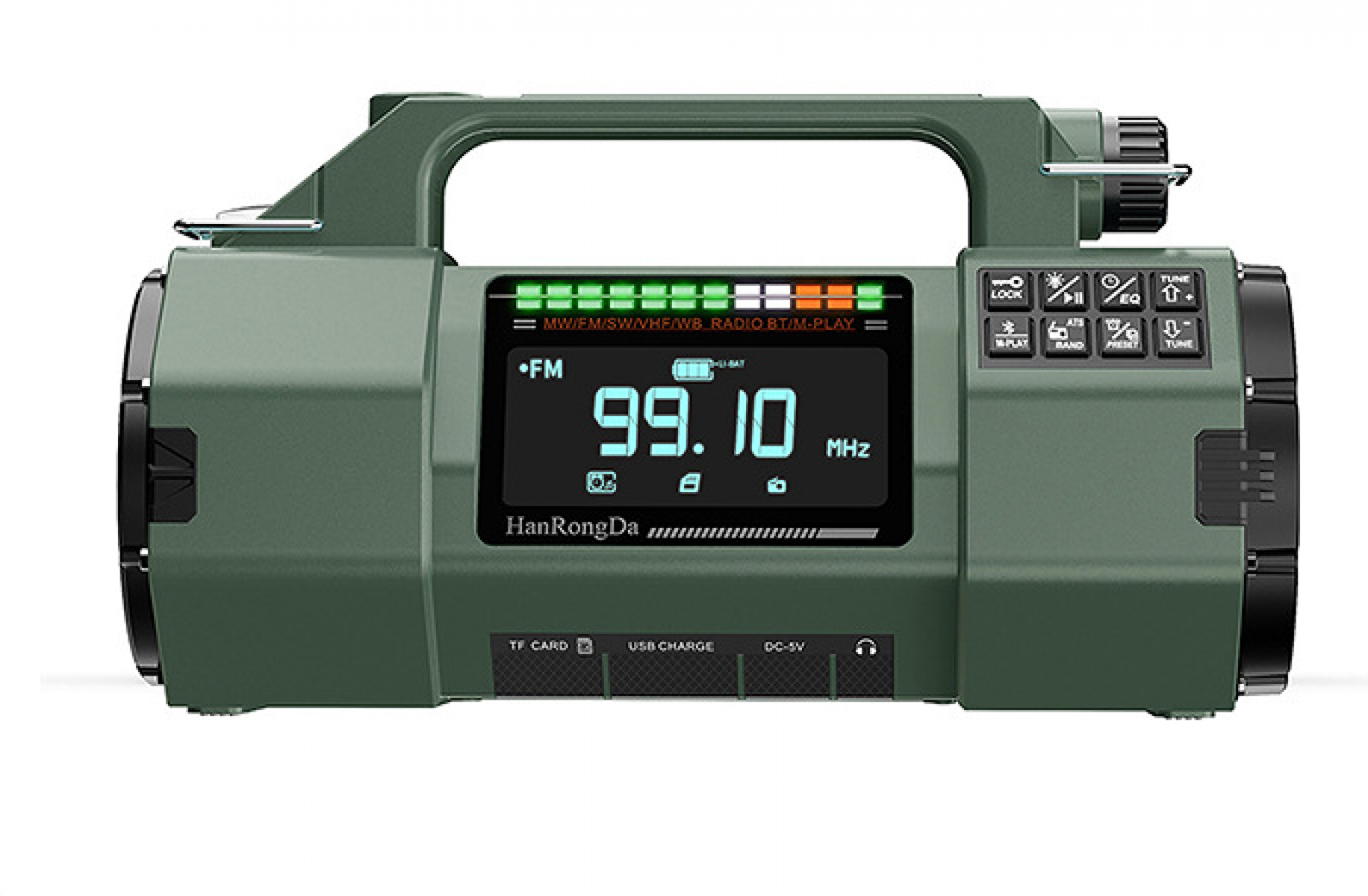 Ein grünes tragbares Radio mit Griff. Das Display zeigt 99,10 MHz. Tasten für Sperre, Abstimmung und Band sind sichtbar.