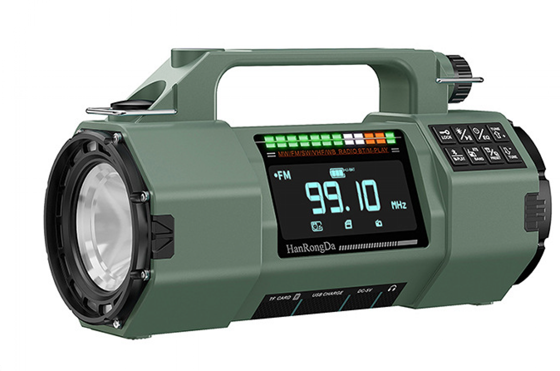 Ein grünes tragbares Radio mit Griff, Taschenlampe und LCD-Bildschirm, der 99,10 MHz anzeigt.
