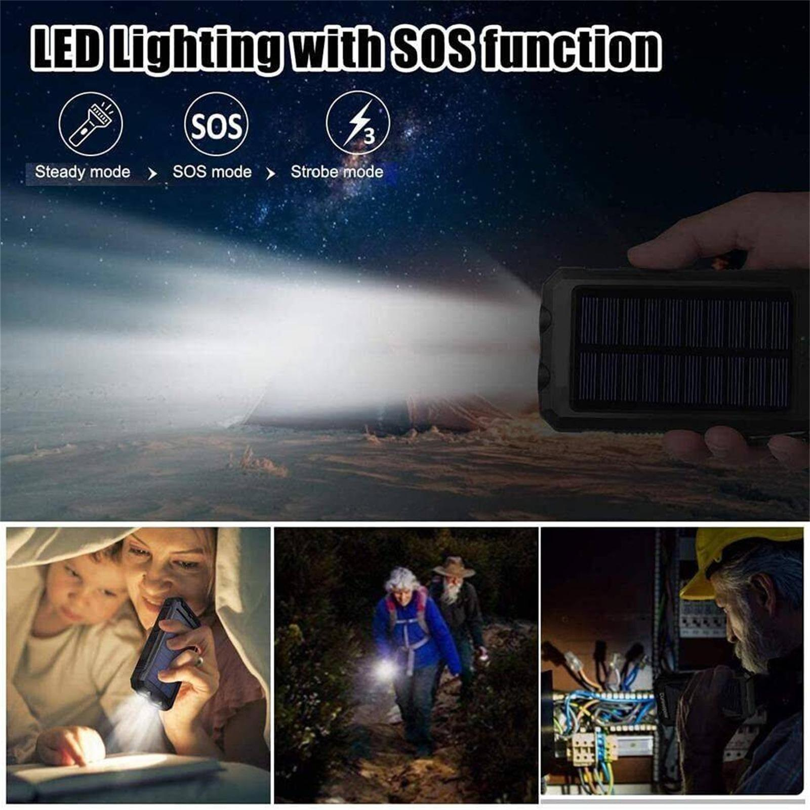 Das Bild zeigt eine LED-Leuchte mit SOS-Funktion. Drei kleinere Bilder zeigen die Leuchte in verschiedenen Szenarien.