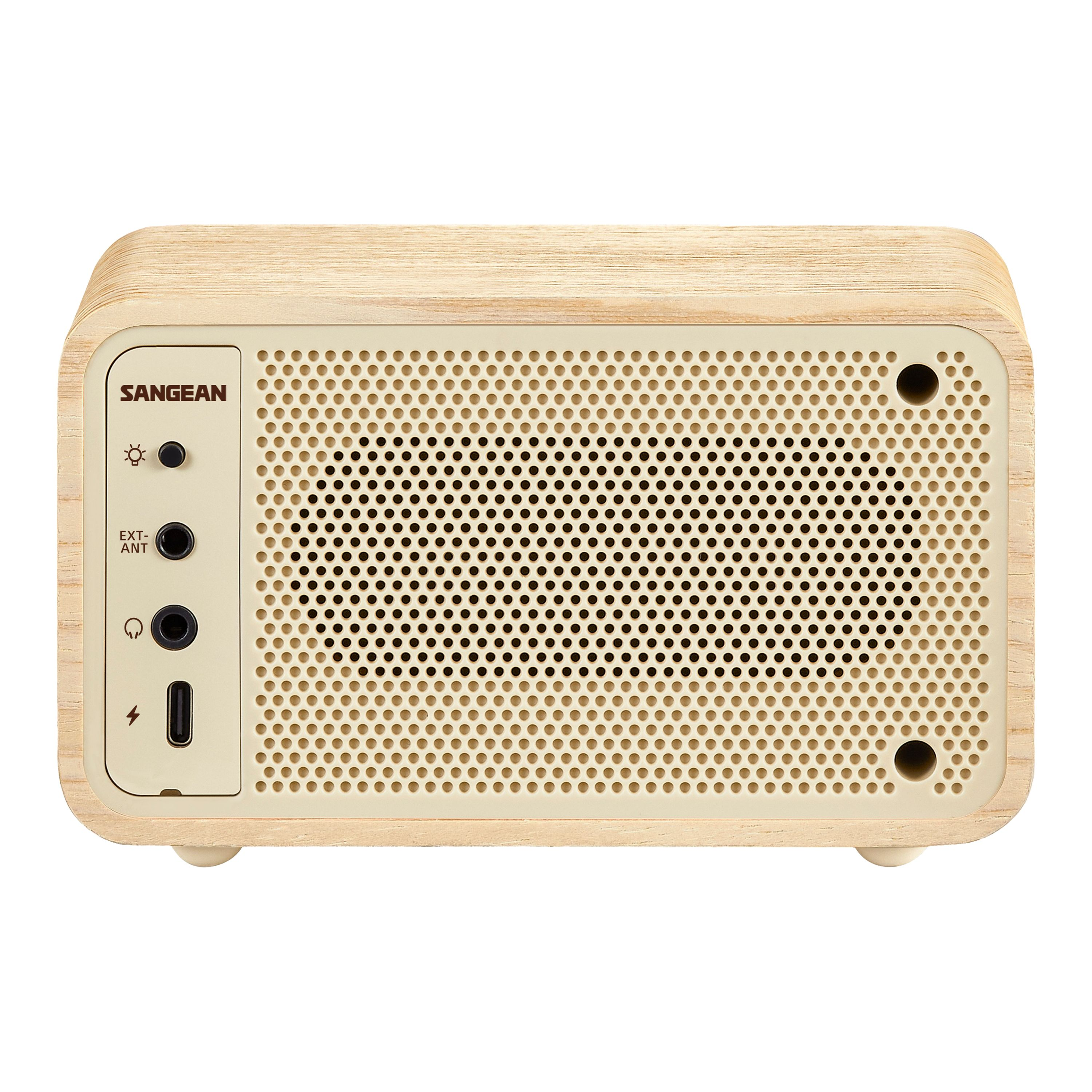 Ein beiges Holzradio mit Lautsprechergrill und Bedienfeld. Es trägt den Markennamen SANGEAN.
