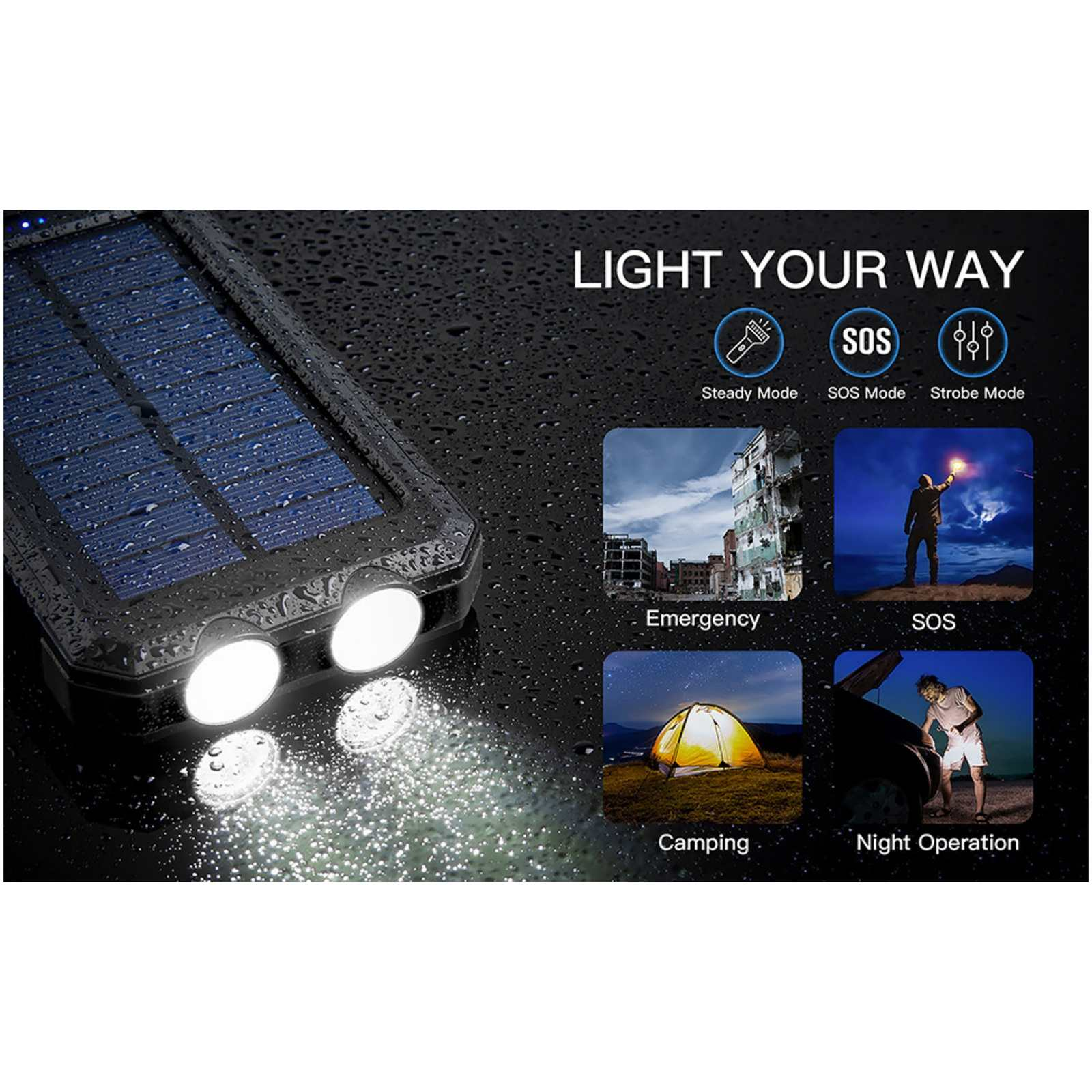 Schwarze Solarlampe mit zwei hellen Lichtern und Modi: Dauerlicht, SOS, Stroboskop. Szenen: Notfall, Camping, Nacht.