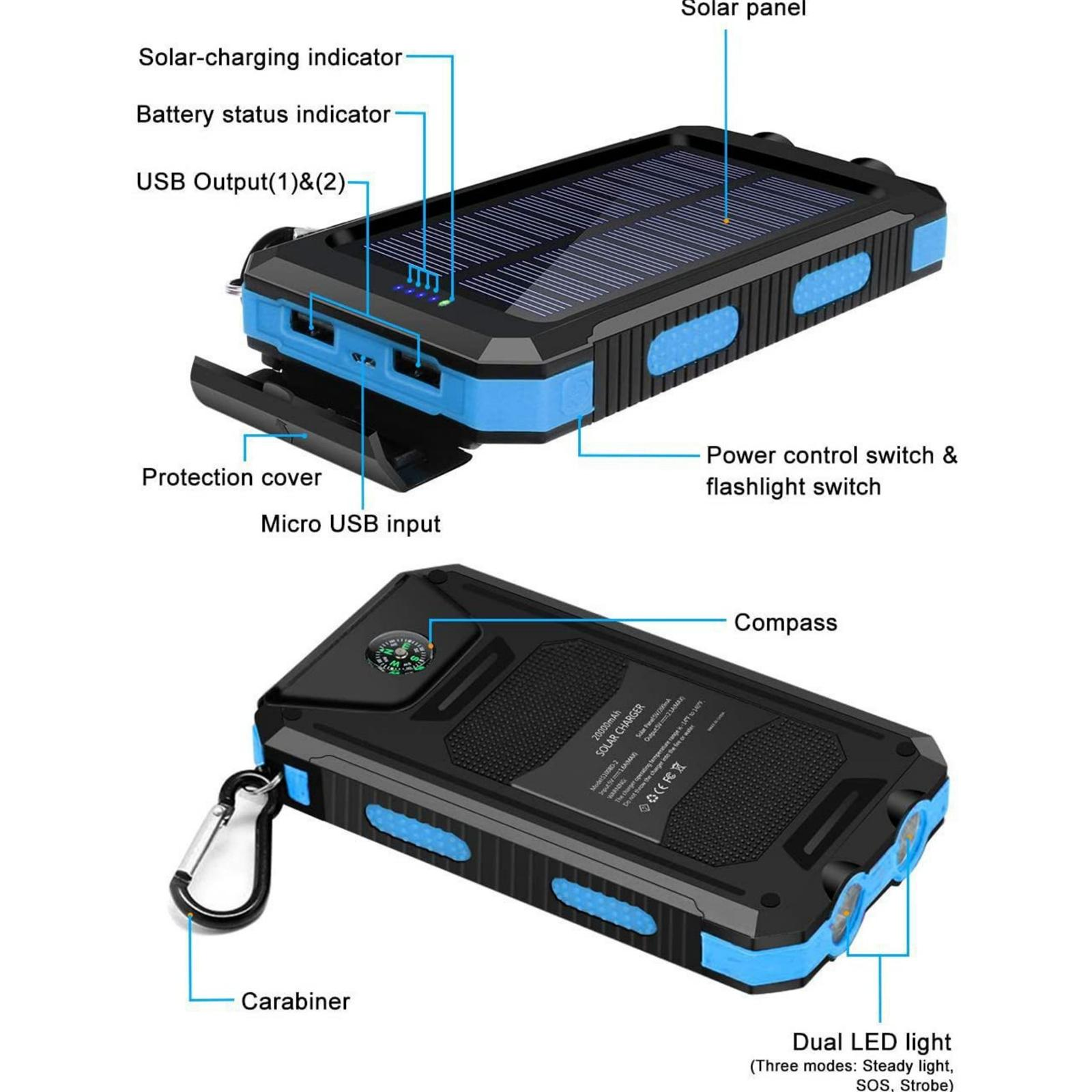 Schwarzes und blaues Solarladegerät mit Panel, USB-Anschlüssen, Anzeigen und Karabiner. Mit Kompass und LED-Licht.
