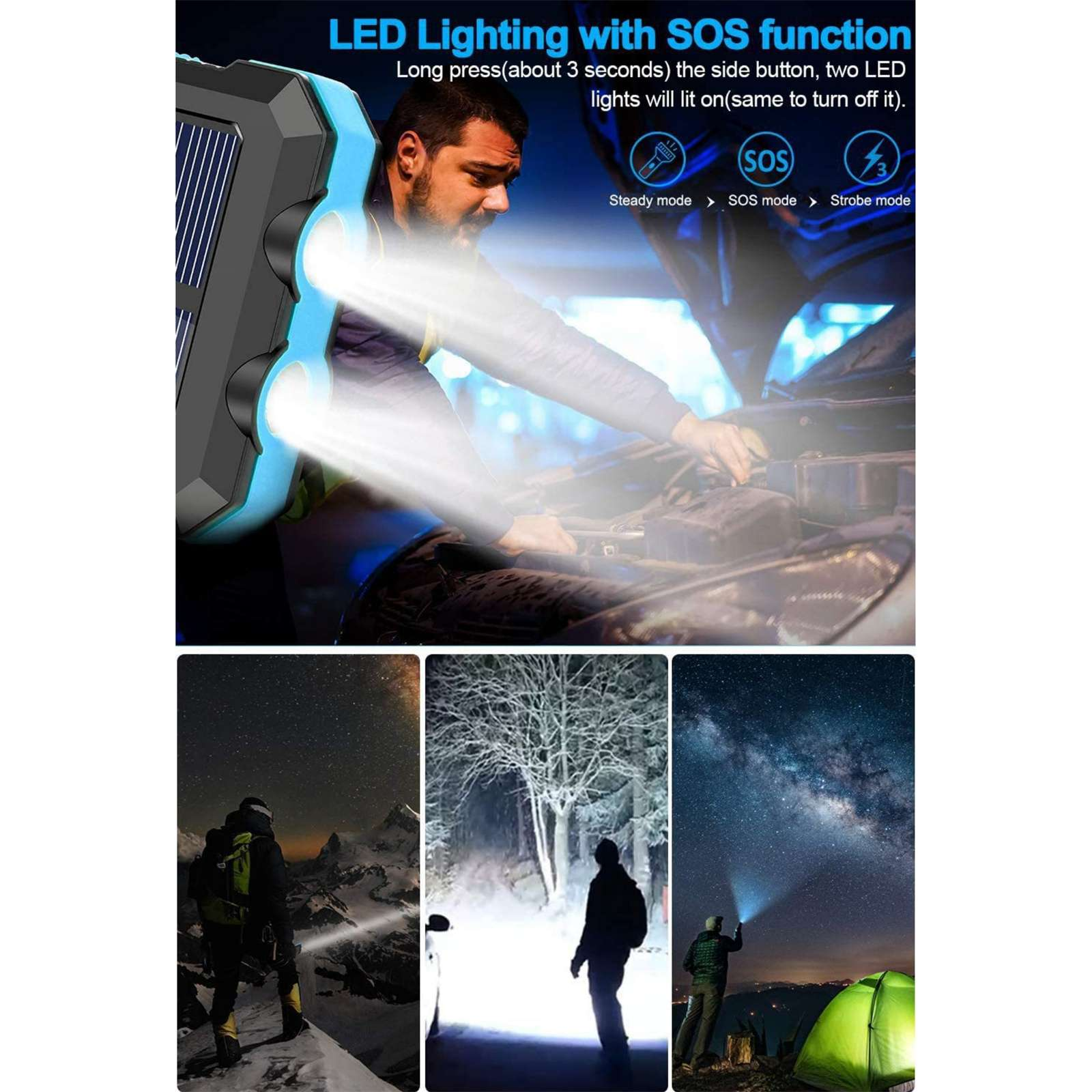 Das Bild zeigt eine LED-Leuchte mit SOS-Funktion. Es verfügt über drei Modi. Drei kleinere Bilder zeigen die Verwendung in verschiedenen Umgebungen.