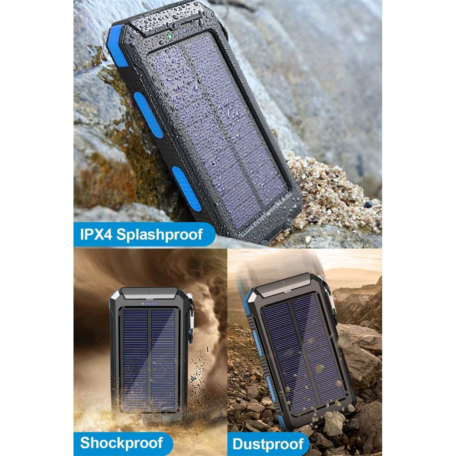 Eine schwarze, blaue und silberne Solar-Powerbank mit den Labels IPX4 spritzwassergeschützt, stoßfest und staubdicht.