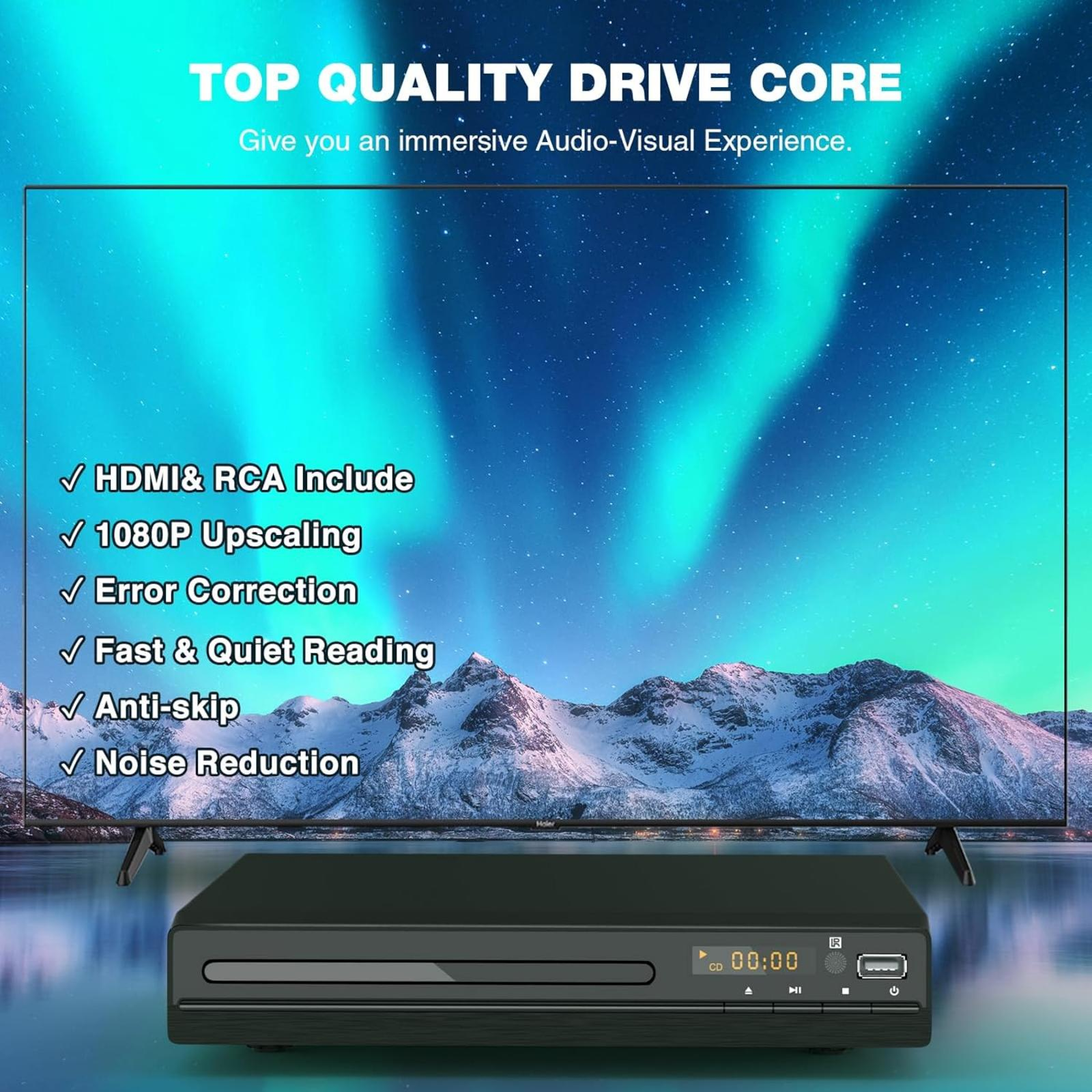 Das Bild zeigt einen Fernseher mit Nordlichtern über schneebedeckten Bergen und einen DVD-Player.