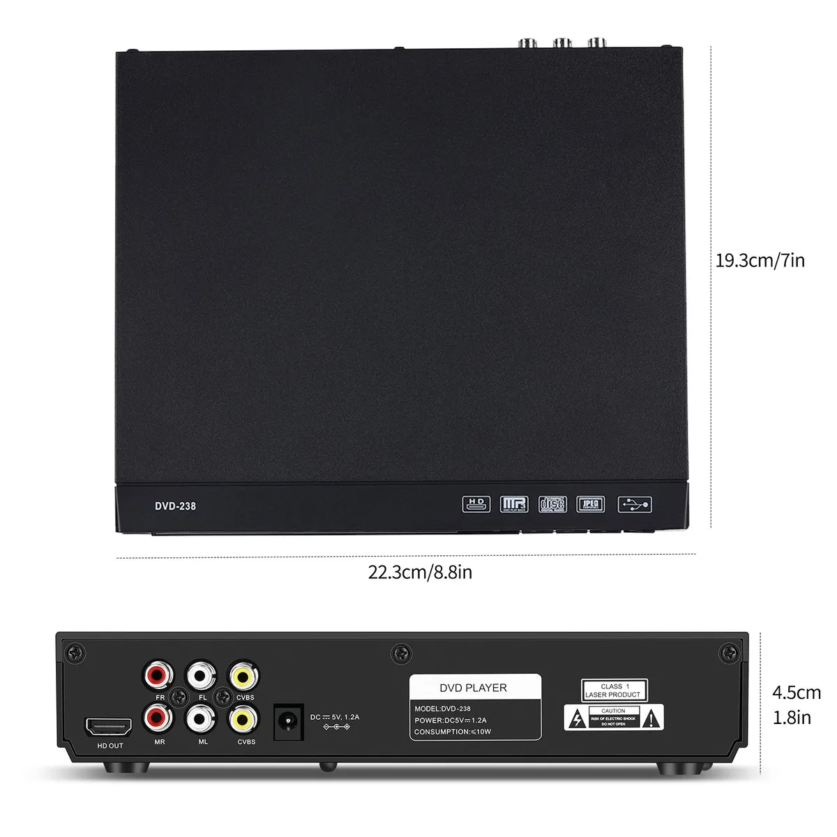 Schwarzer DVD-Player mit verschiedenen Anschlüssen, Etiketten und Abmessungen. Enthält HD-Ausgang, Eingangsports und Warnhinweise.