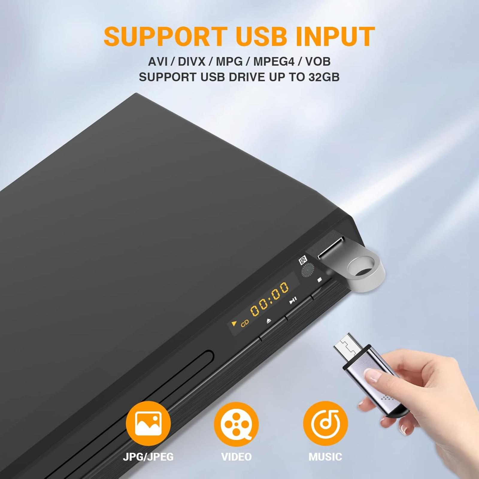 Ein schwarzer DVD-Player mit USB-Laufwerk, Symbolen für JPG, Video und Musik sowie Text: Support USB Input.