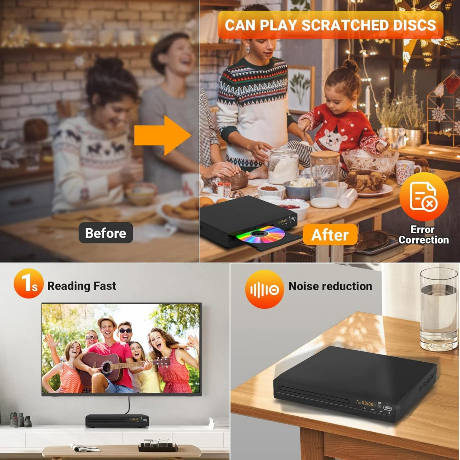 Das Bild zeigt einen DVD-Player mit Funktionen wie Fehlerkorrektur, schnellem Lesen und Rauschunterdrückung. Szenen zeigen Familien.