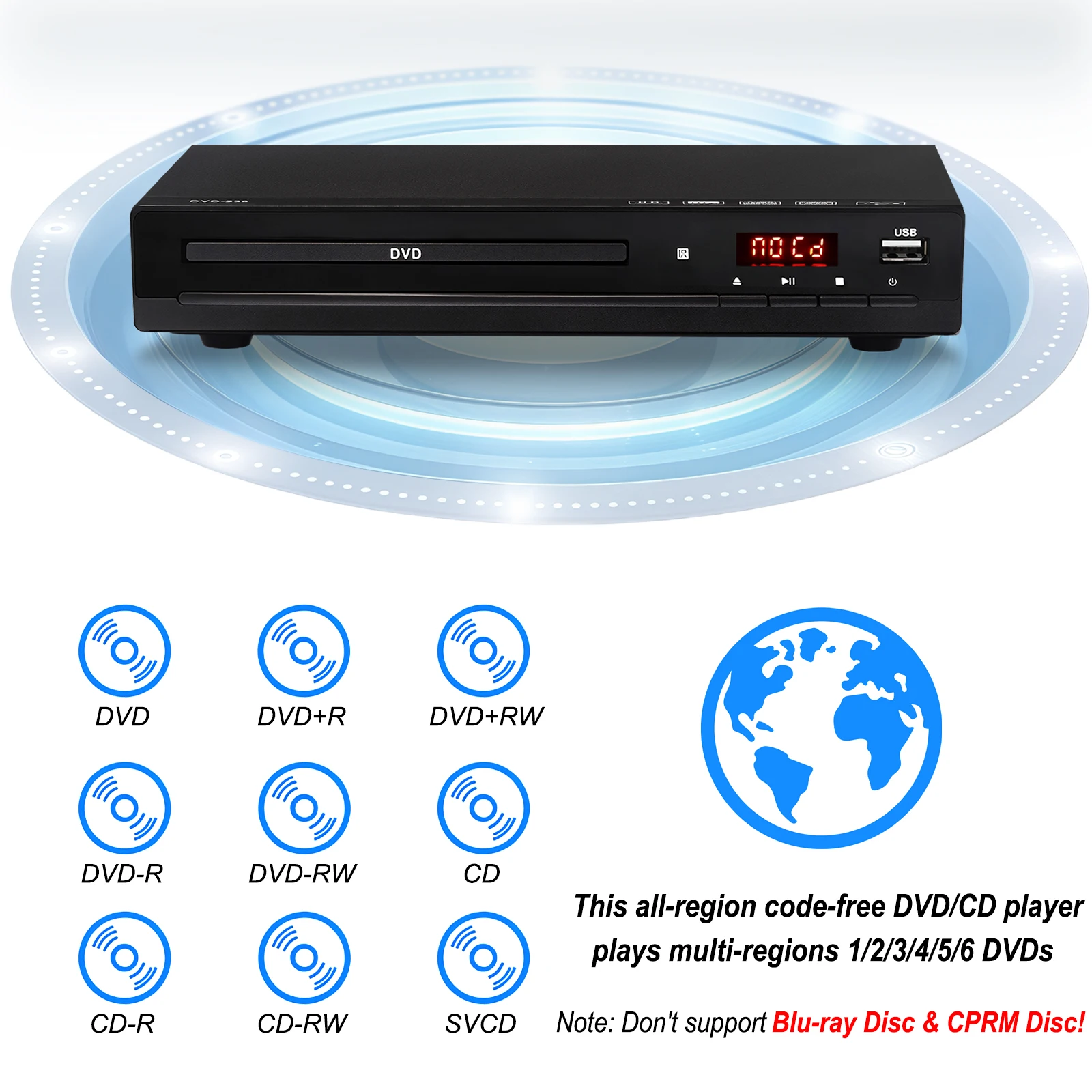 Schwarzer DVD-Player mit Display, verschiedenen Disc-Symbolen und einem Globus. Text: 'spielt Multi-Regionen 1/2/3/4/5/6 DVDs'.