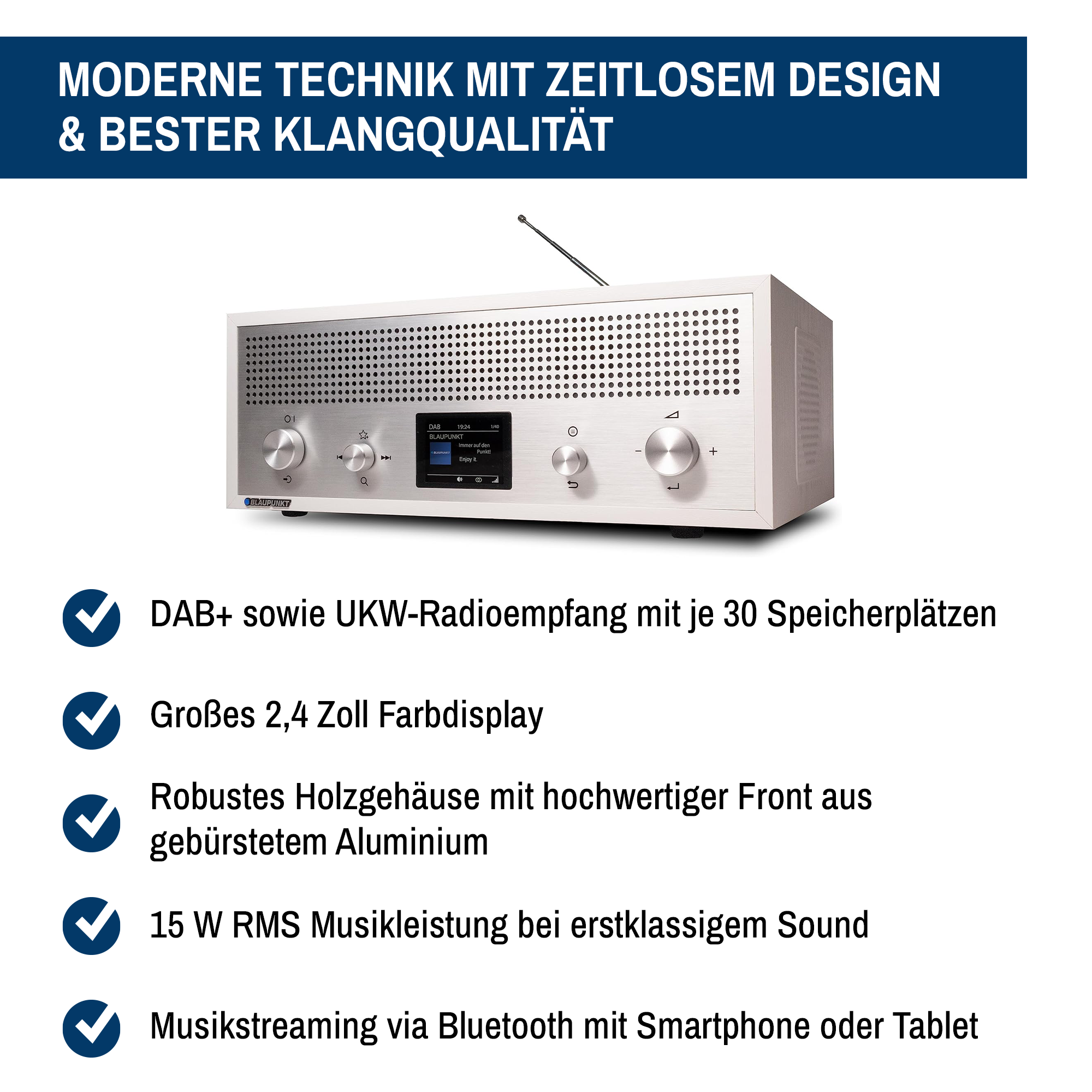 Silbernes Radio mit Antenne und Display. Text: Moderne Technik mit zeitlosem Design & bester Klangqualität.