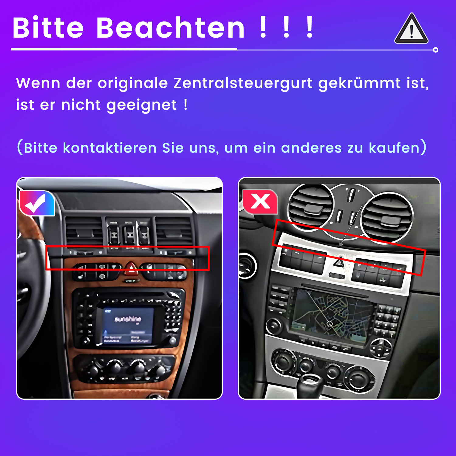 Das Bild zeigt den Innenraum eines Autos mit Navigationssystem. Die linke Seite hat ein Häkchen, die rechte ein Kreuz. Text warnt vor dem Zentralsteuergurt.