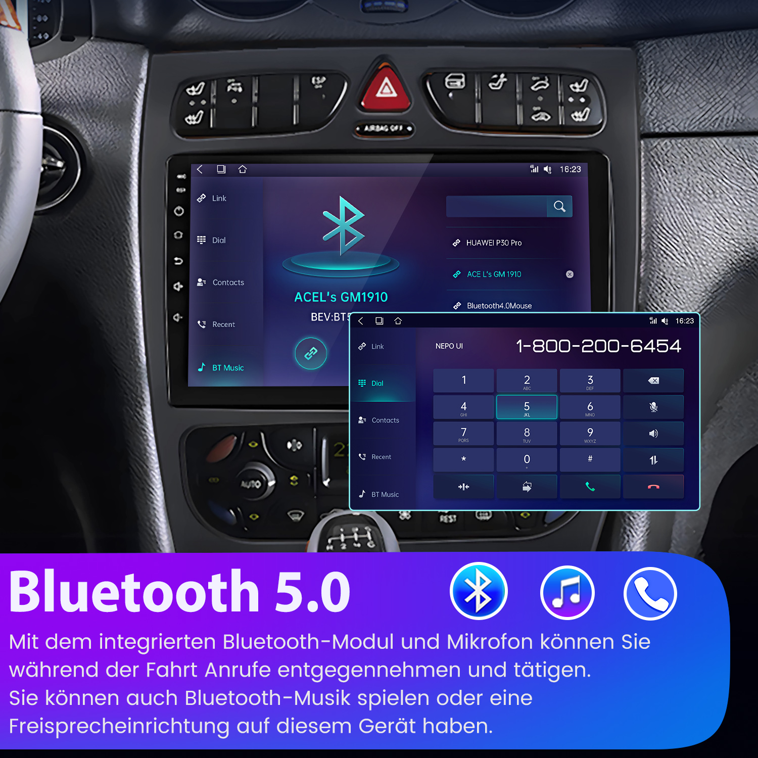Autoradio-Bildschirm mit Bluetooth-Optionen und Telefontastatur. Blau-weiße Oberfläche. Autoinnenraum im Hintergrund.