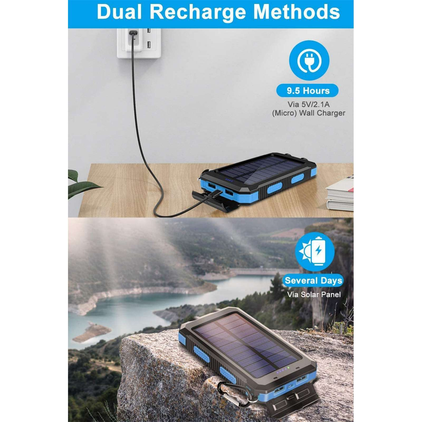 Das Bild zeigt ein Solar-Ladegerät mit zwei Lademethoden: über ein Wandladegerät oder ein Solarpanel. Enthält Text über die Ladezeit.