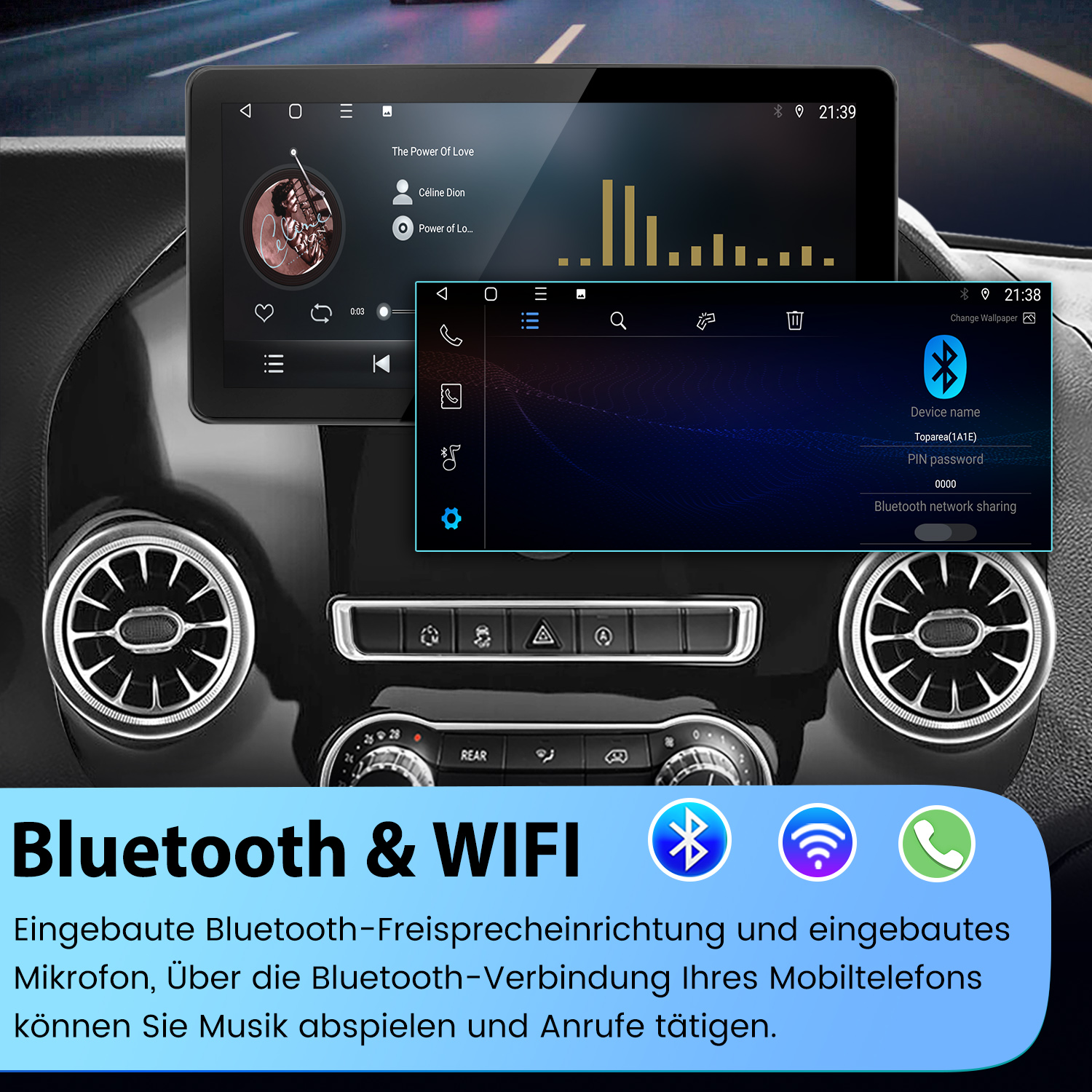 Auto-Infotainment-System mit Musik, Einstellungen, Bluetooth und Wi-Fi. Armaturenbrett mit Lüftungsschlitzen und Bedienelementen.