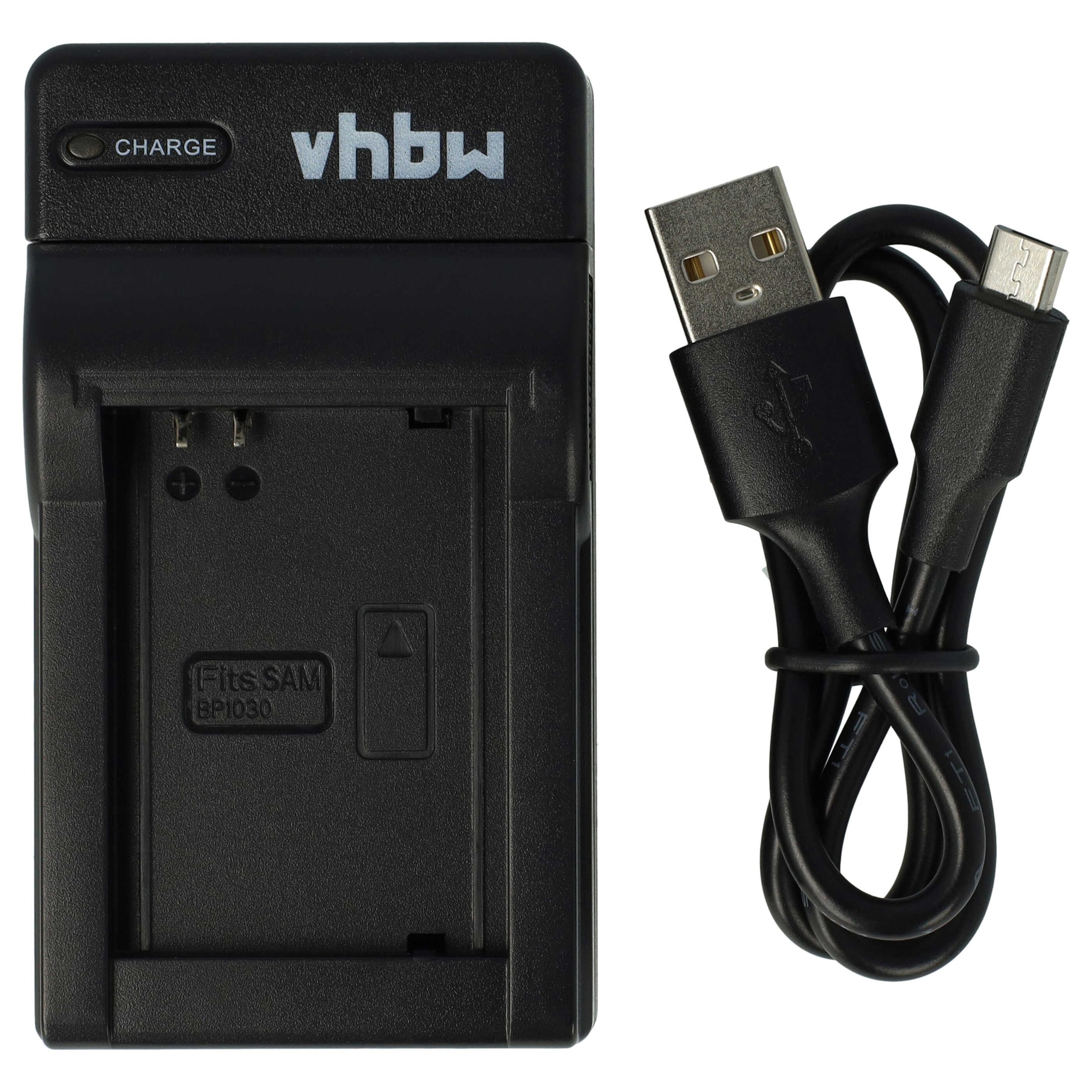 Schwarzes vhbw-Ladegerät mit USB-Kabel. Ladegerät hat die Aufschrift 'CHARGE'. Kabel hat USB- und Micro-USB-Anschlüsse.