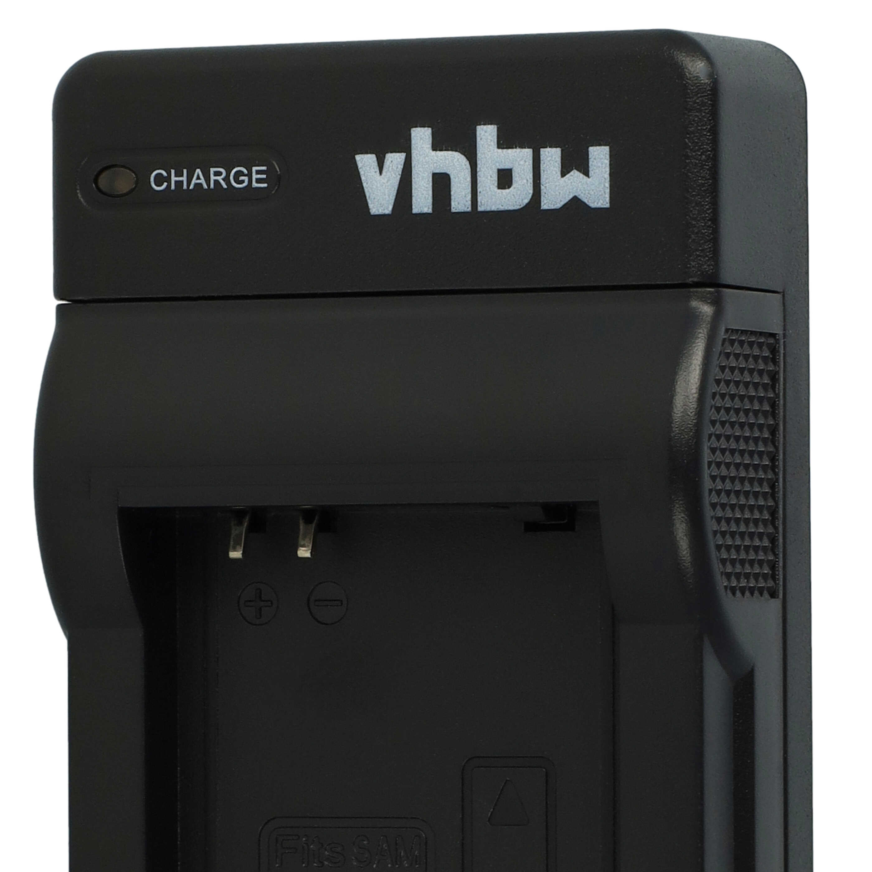 Schwarzes Vhbw-Batterieladegerät mit 'CHARGE'-Anzeige. Das Ladegerät ist für SAM-Akkus. Der Hintergrund ist weiß.