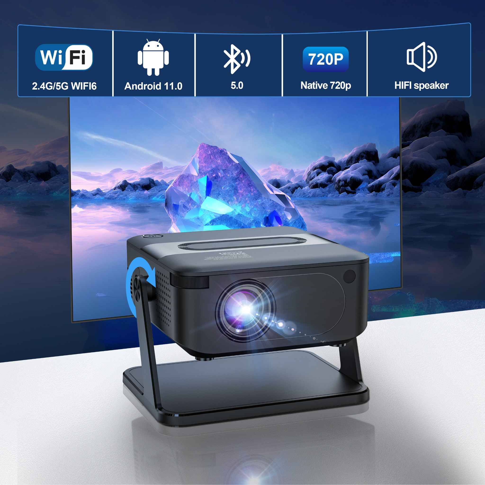 Ein schwarzer Projektor, der eine Landschaftsszene anzeigt, mit den wichtigsten Merkmalen: Wi-Fi, Android 11, Bluetooth, 720p und HiFi-Lautsprecher.
