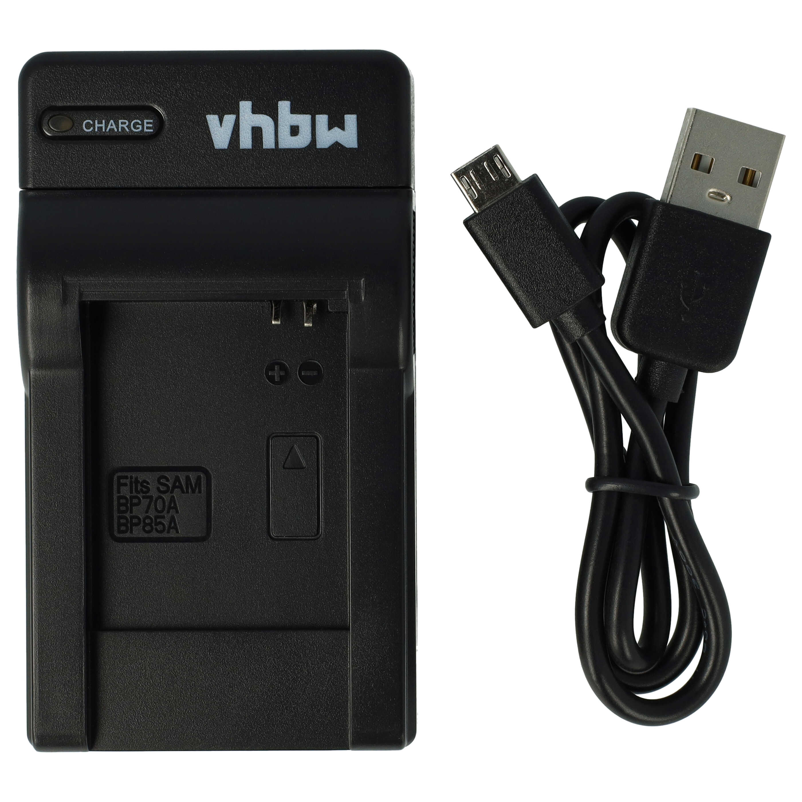 Schwarzes vhbw-Akkuladegerät mit USB-Kabel auf weißem Hintergrund. 'Charge'-Etikett sichtbar.