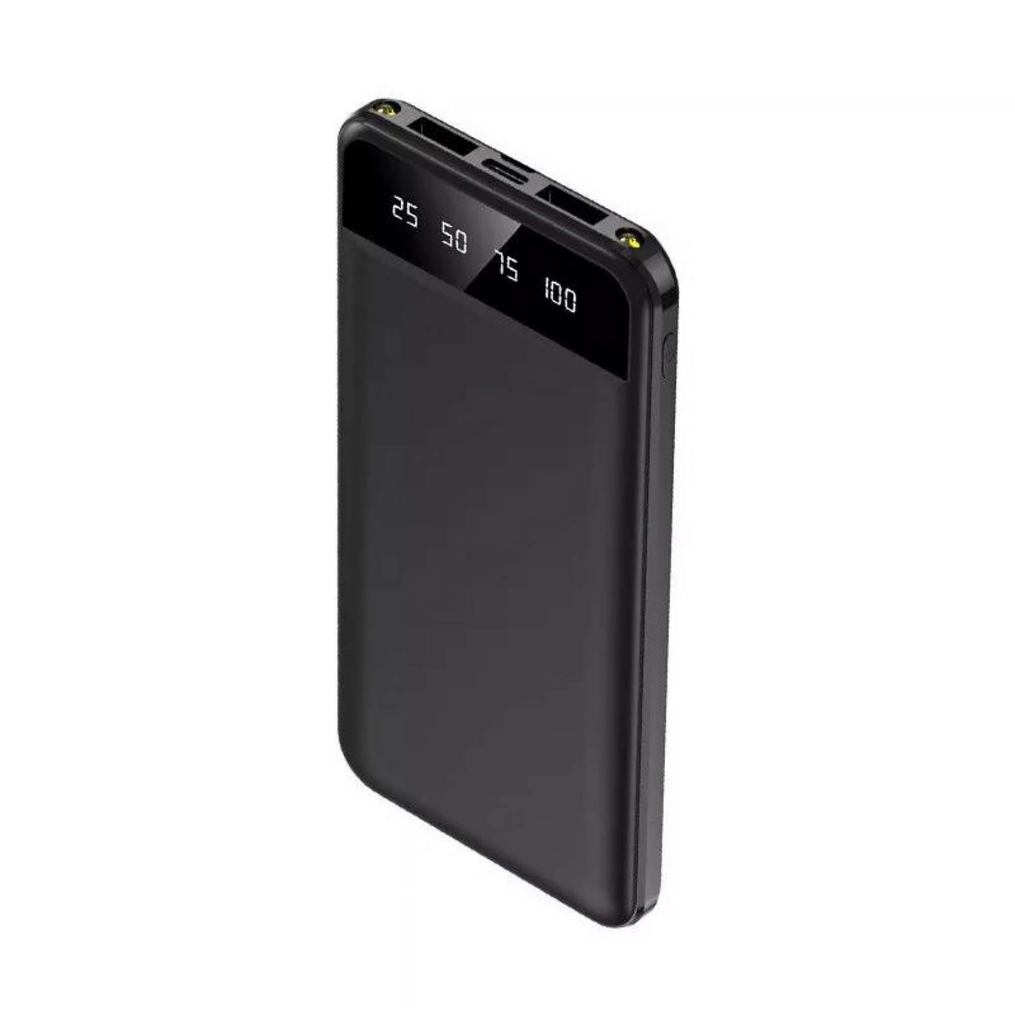 Eine schwarze Powerbank mit digitaler Anzeige, die den Batteriestand anzeigt: 25, 50, 75 und 100.