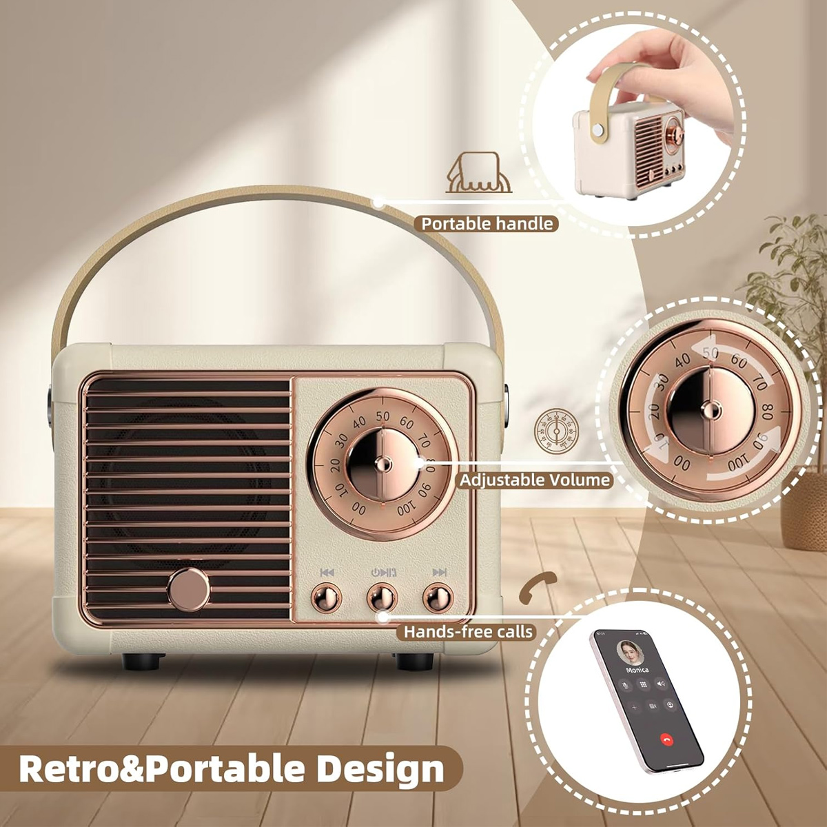 Ein cremefarbenes und bronzefarbenes Retro-Radio mit Griff. Zu den Merkmalen gehören einstellbare Lautstärke, Freisprechanrufe und ein tragbares Design.