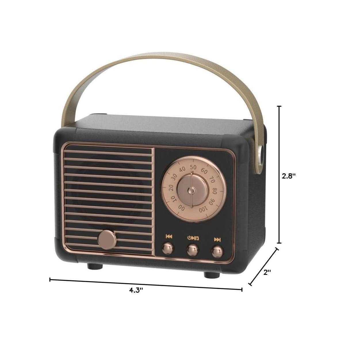 Ein schwarzes und bronzefarbenes Retro-Radio mit Griff. Es hat ein Zifferblatt, Knöpfe und ein Lautsprechergitter. Abmessungen sind angegeben.