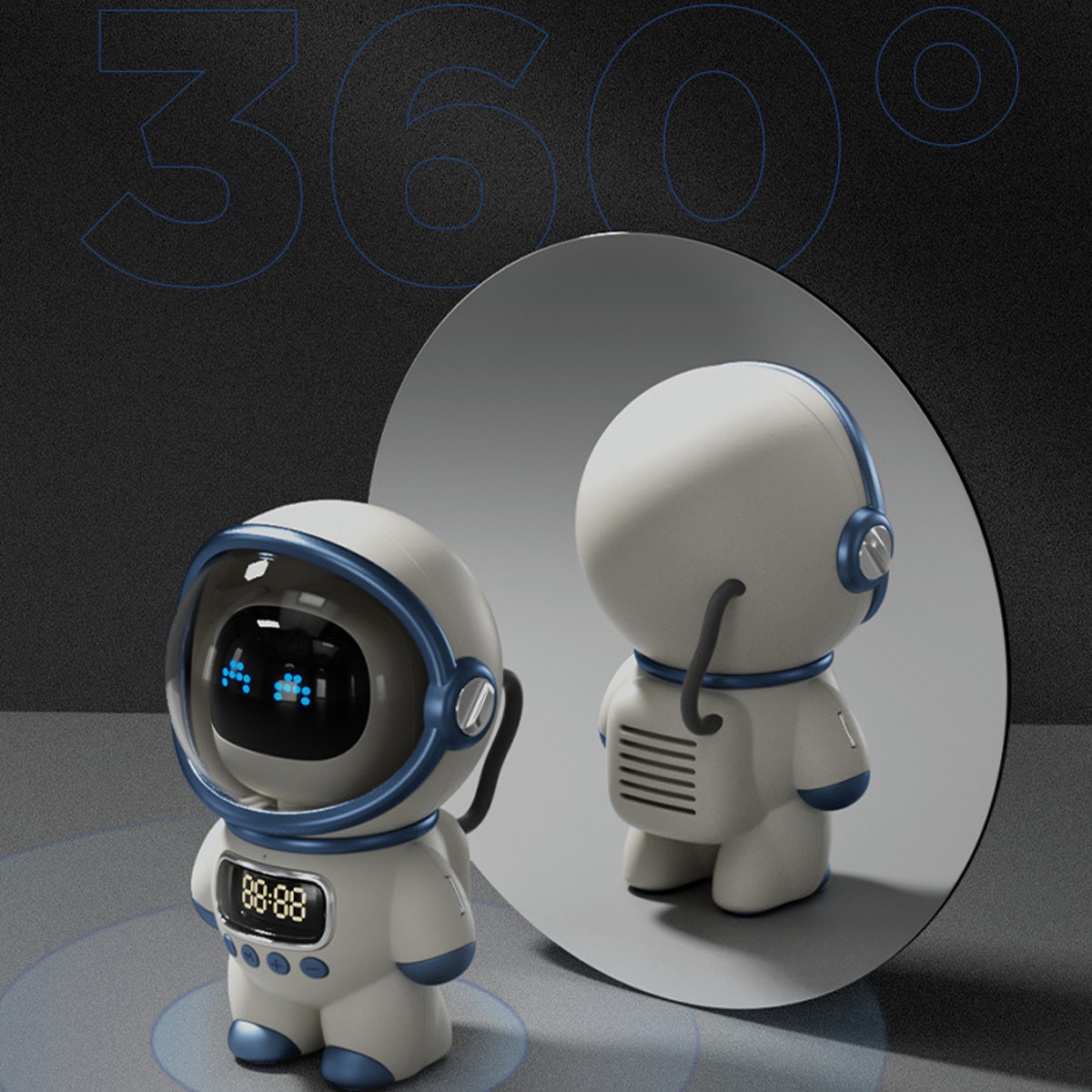 Zwei astronautenförmige Geräte, eines mit digitaler Anzeige, in einem Spiegel reflektiert. Blaue Akzente auf Weiß. Schwarzer Hintergrund mit 360°-Text.