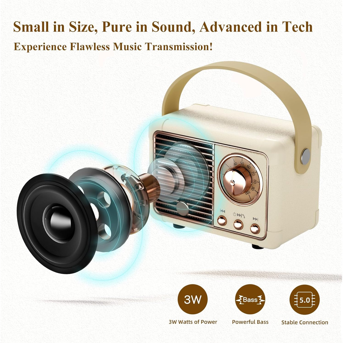 Ein cremefarbenes Retro-Radio mit Griff. Ein Lautsprecher ist abgetrennt und zeigt seine Teile. Text enthält "3W", "Bass" und "5.0".