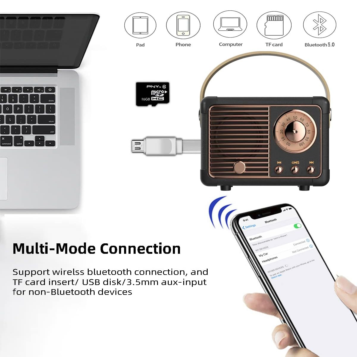 Ein Vintage-Radio, das über Bluetooth mit einem Telefon verbunden ist, neben einem Laptop und einer TF-Karte.