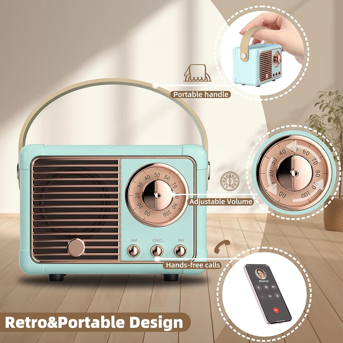 Ein mintgrünes Retro-Radio mit Griff, Lautstärkeregler und Lautsprechergrill. Eine kleinere Version wird zusammen mit einem Telefon gezeigt.