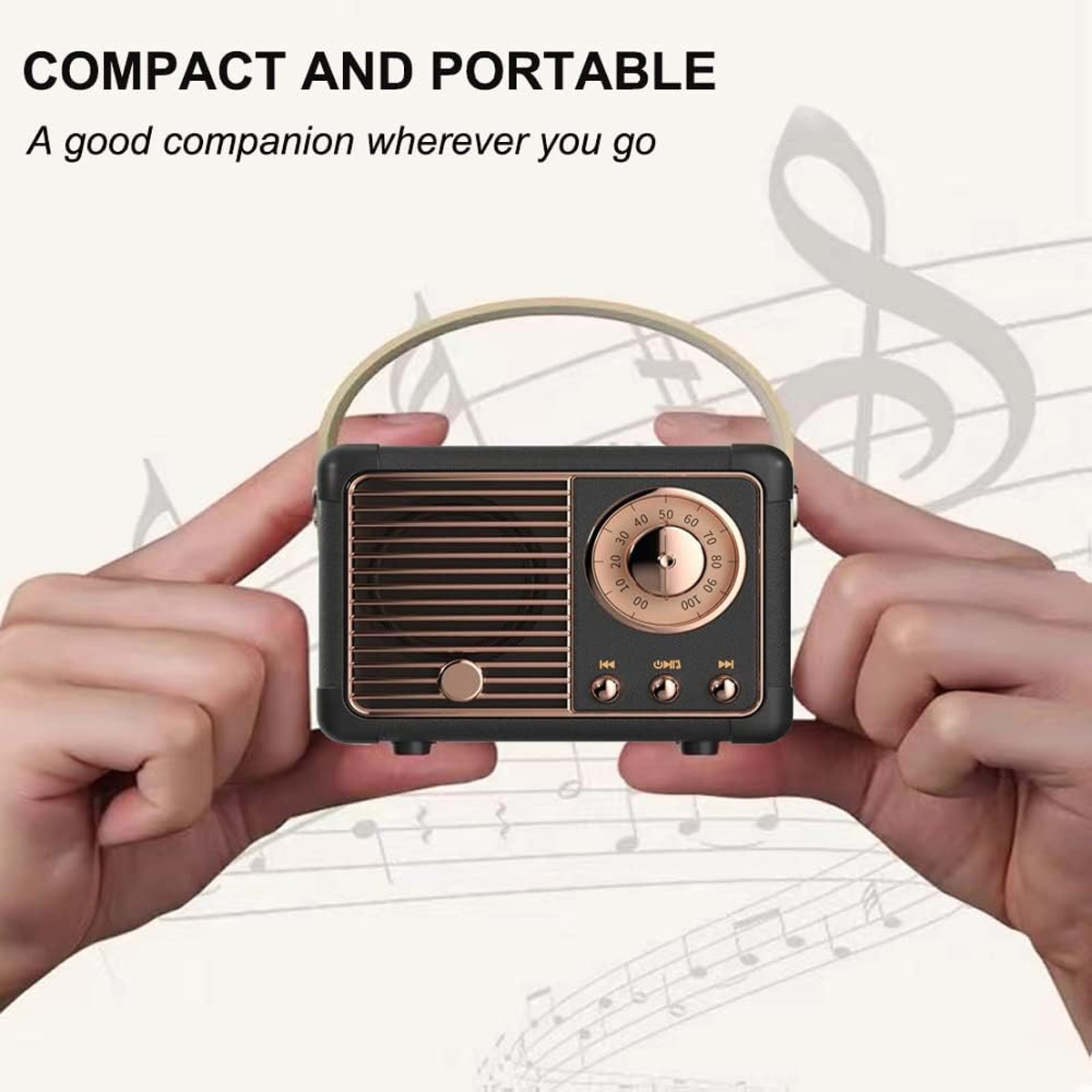 Eine Person hält ein kleines, Retro-Radio in Schwarz und Gold. Der Hintergrund hat Noten und den Text 'KOMPAKT UND TRAGBAR'.