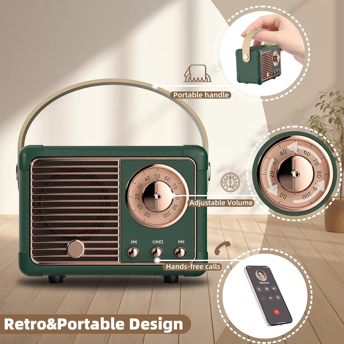 Ein grünes Retro-Radio mit Griff. Zu den Merkmalen gehören einstellbare Lautstärke, Freisprechanrufe und ein tragbares Design mit einem Telefonbildschirm.