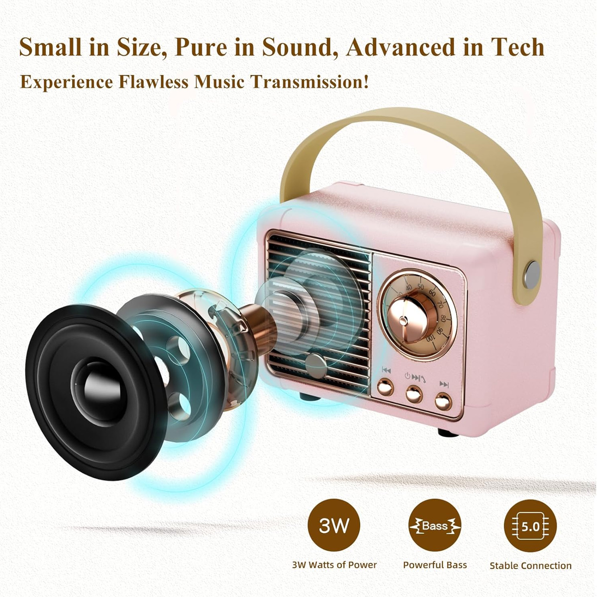 Ein rosa Radio im Vintage-Stil mit abgetrennter Lautsprecherkomponente. Text: Klein, reiner Klang. Funktionen: 3W, Bass, 5.0.