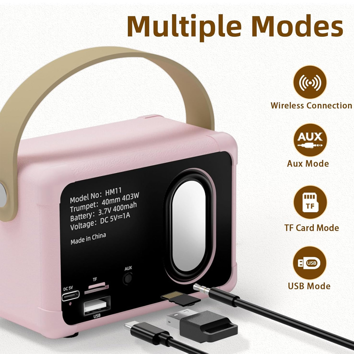 Ein rosa Lautsprecher mit Griff, der verschiedene Verbindungsmodi zeigt: kabellos, AUX, TF-Karte und USB. Kabel und Anschlüsse sind sichtbar.
