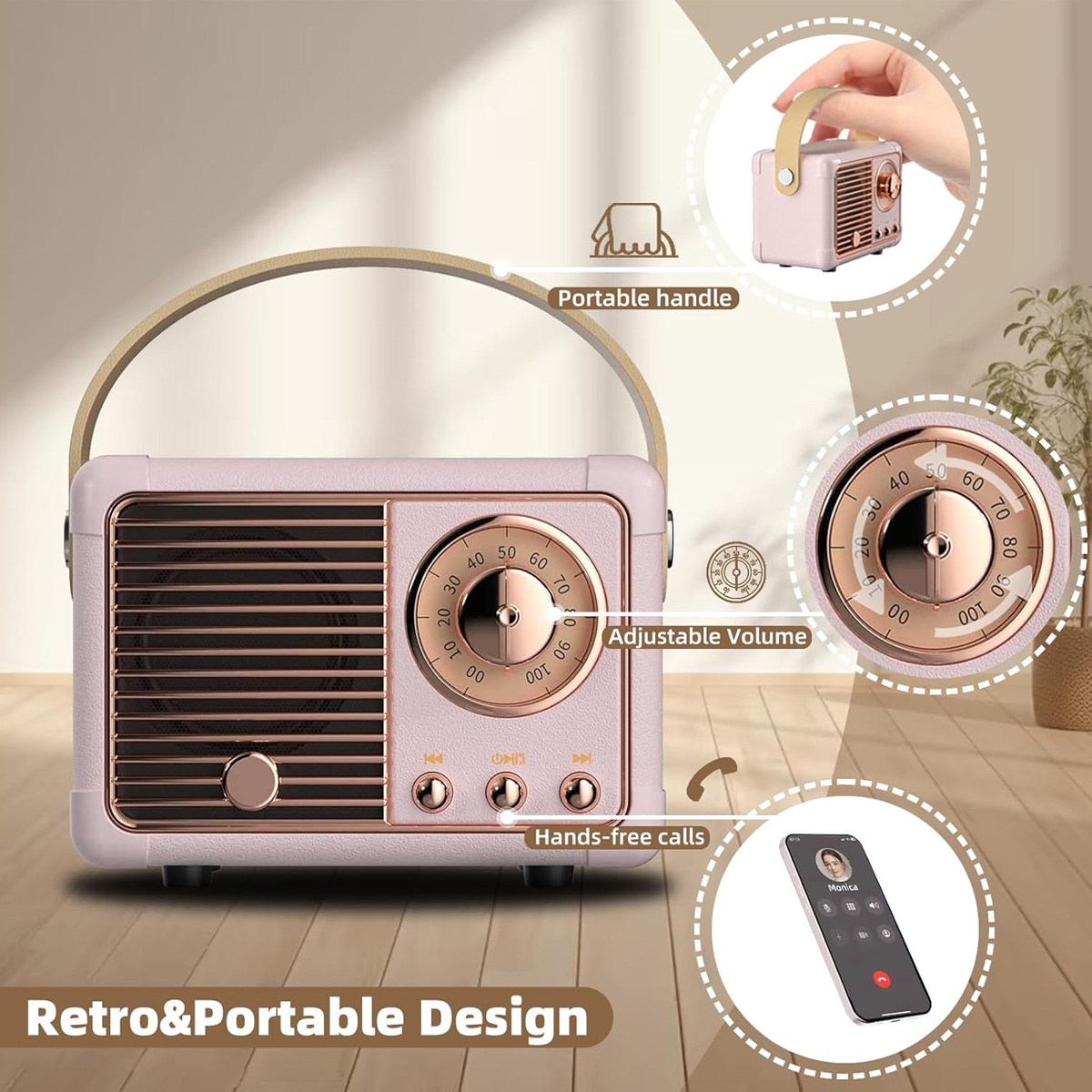 Ein rosafarbener tragbarer Lautsprecher im Retro-Stil mit Griff, Lautstärkeregler und Telefonfunktionen. Kleine Insets zeigen Details.