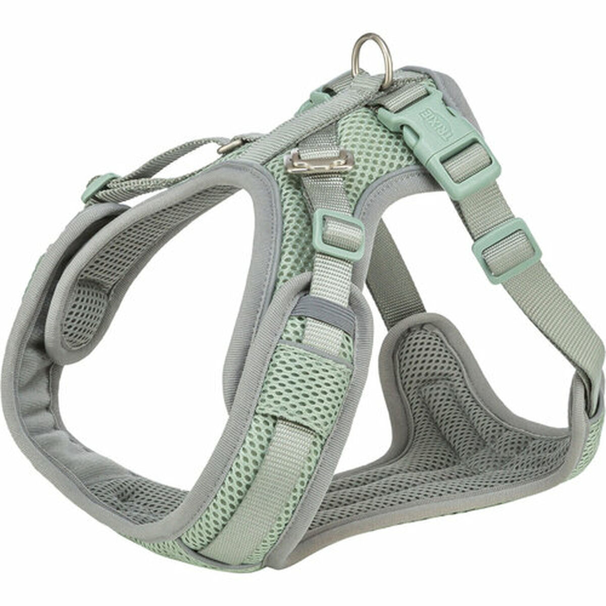 Ein hellgrünes und graues Hundegeschirr. Es hat ein Mesh-Design mit verstellbaren Riemen und Schnallen. Oben befindet sich ein Metallring.