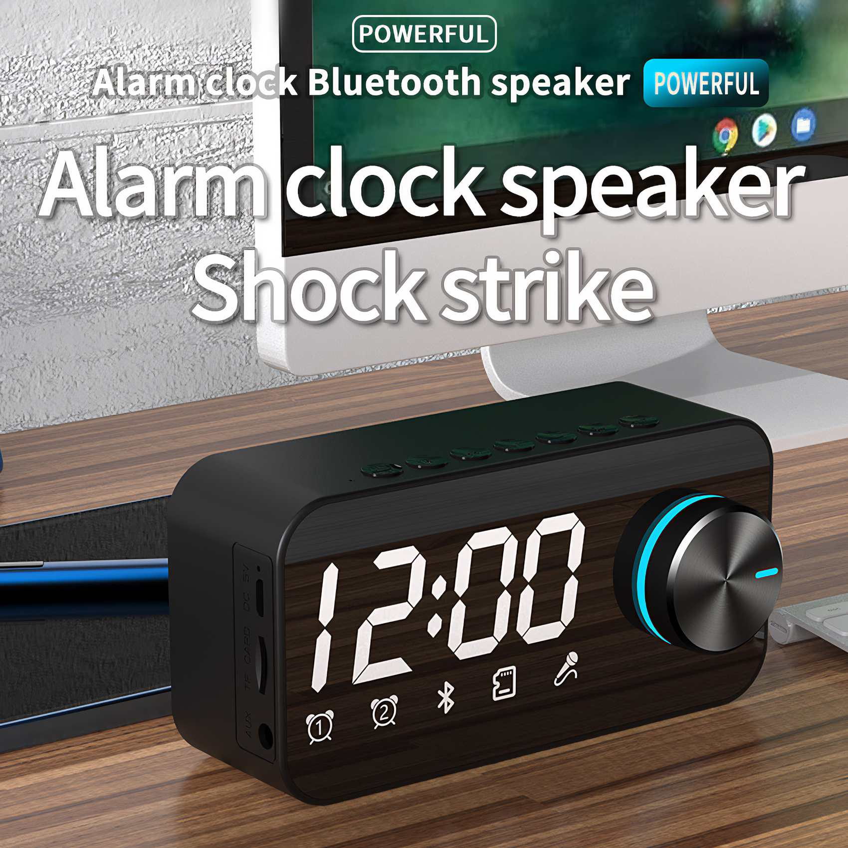 Schwarzer Wecker-Lautsprecher mit Digitalanzeige 12:00. Mit Drehknopf und Bluetooth. Weißer Hintergrund.