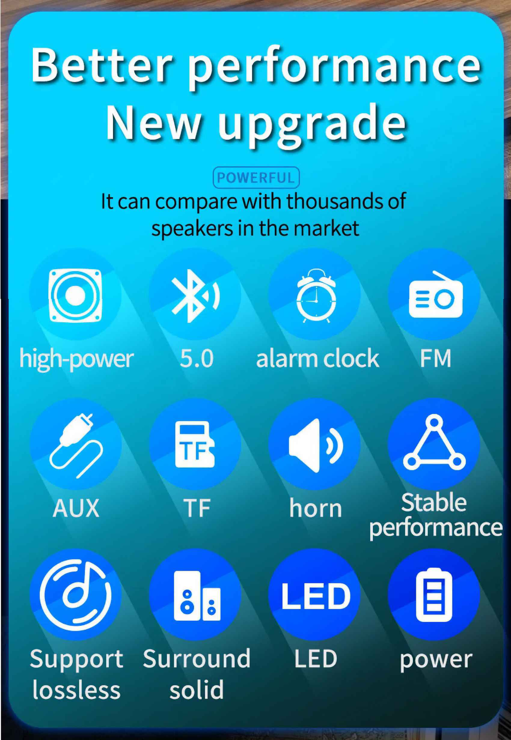 Blauer Hintergrund mit weißem Text. Symbole wie Lautsprecher, Bluetooth, Wecker und UKW-Radio sind abgebildet.