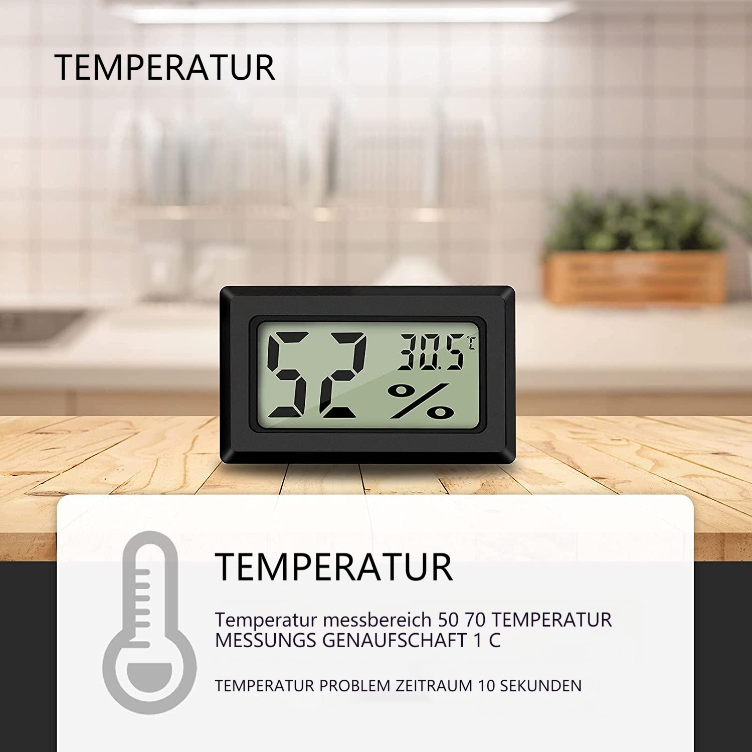 Ein digitales Thermometer zeigt 52 % und 30,5 °C an. Der Text 'TEMPERATUR' steht darüber. Zusätzlicher Text und ein Thermometer-Symbol befinden sich darunter.