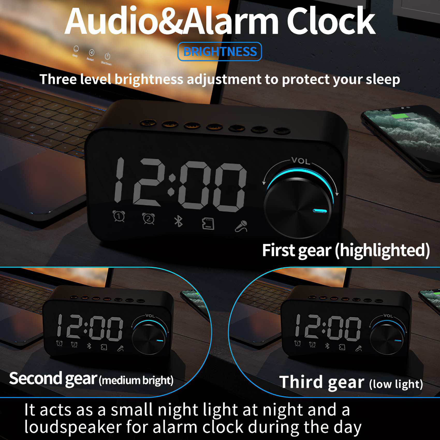 Schwarzer Wecker mit der Anzeige 12:00. Helligkeitseinstellungen, Lautstärkeregler und Bluetooth. Zwei Smartphones.