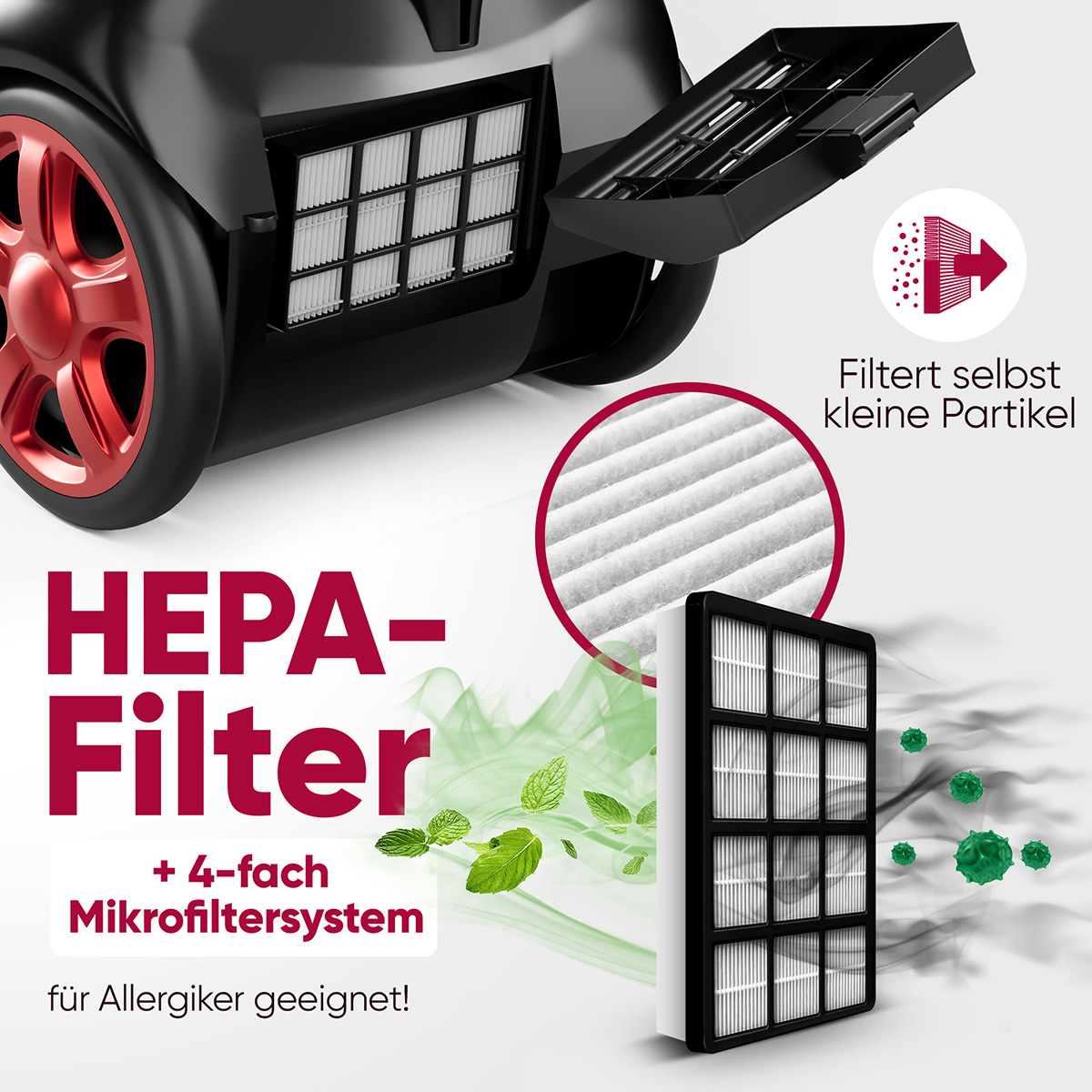 Ein Staubsauger mit HEPA-Filter, der kleine Partikel entfernt. Text zeigt, dass es für Allergiker geeignet ist.