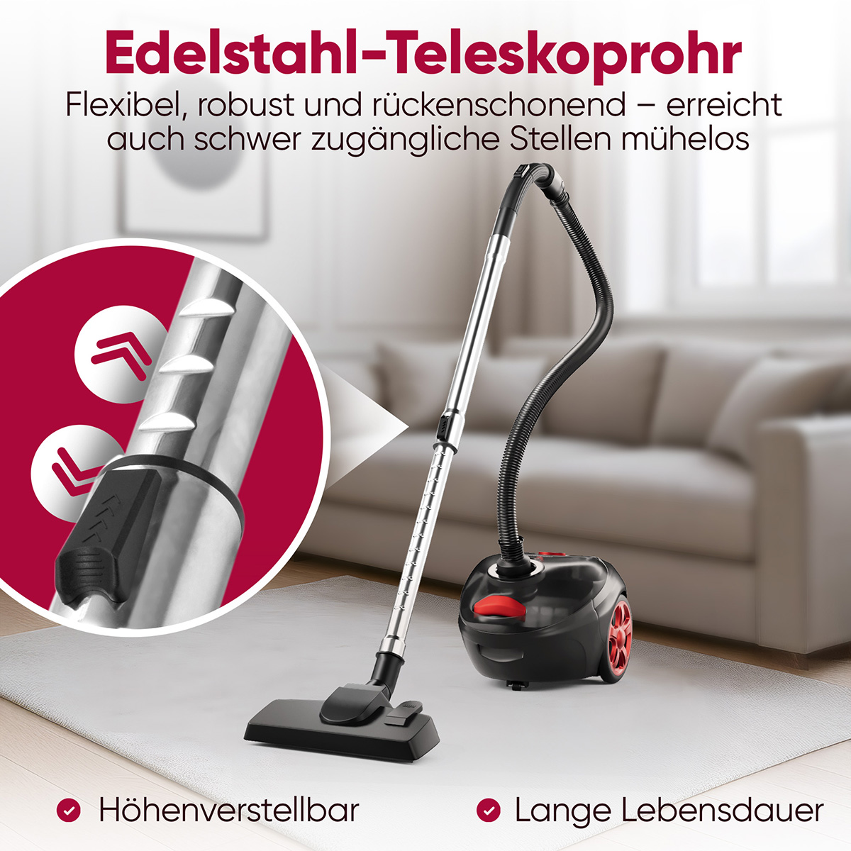 Ein Staubsauger mit einem silbernen Teleskoprohr und einem schwarzen Körper. Er steht auf einem weißen Teppich vor einem verschwommenen Wohnzimmer.