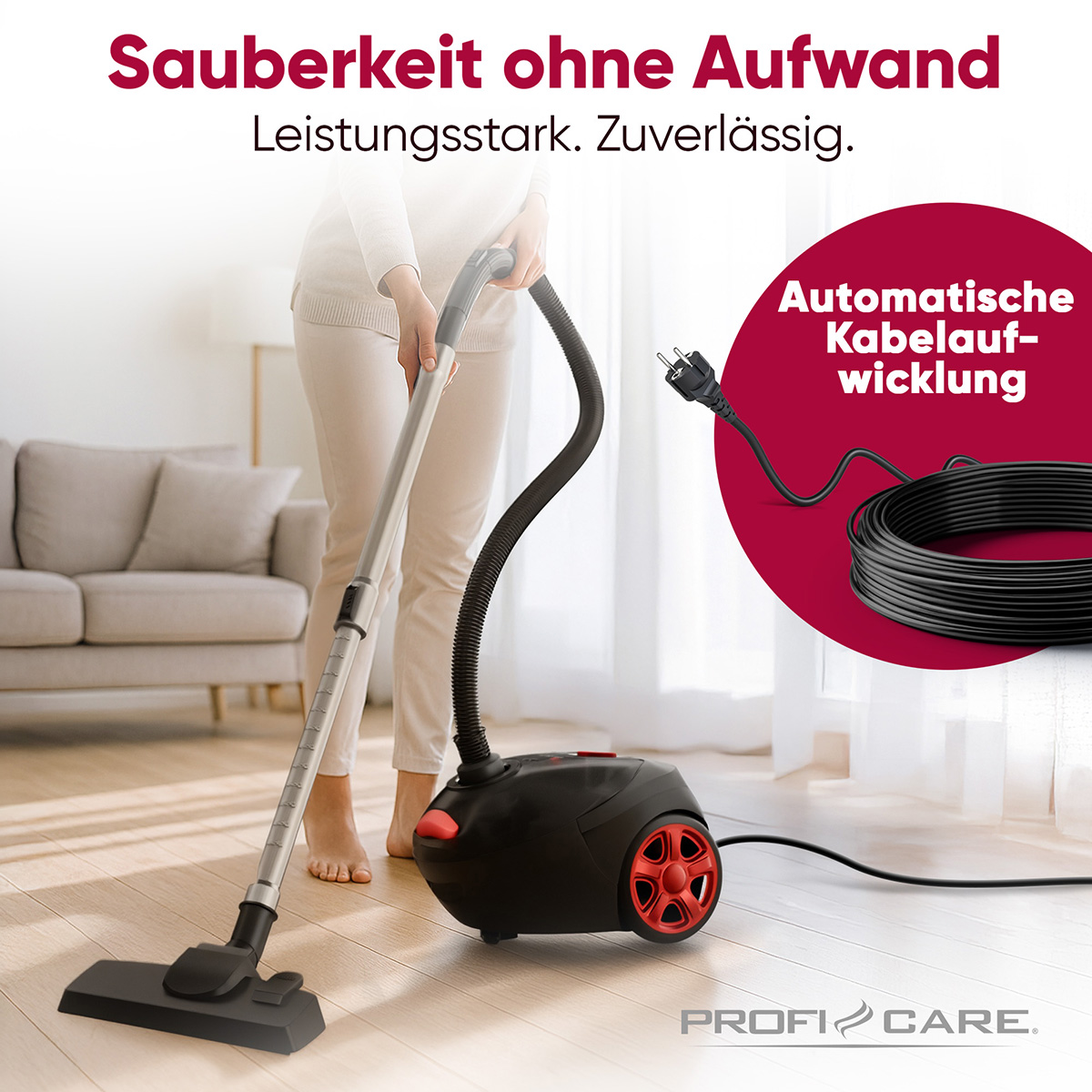 Eine Person benutzt einen schwarz-roten Staubsauger auf einem Holzboden. Der Text lautet Sauberkeit ohne Aufwand und automatische Kabelaufwicklung.