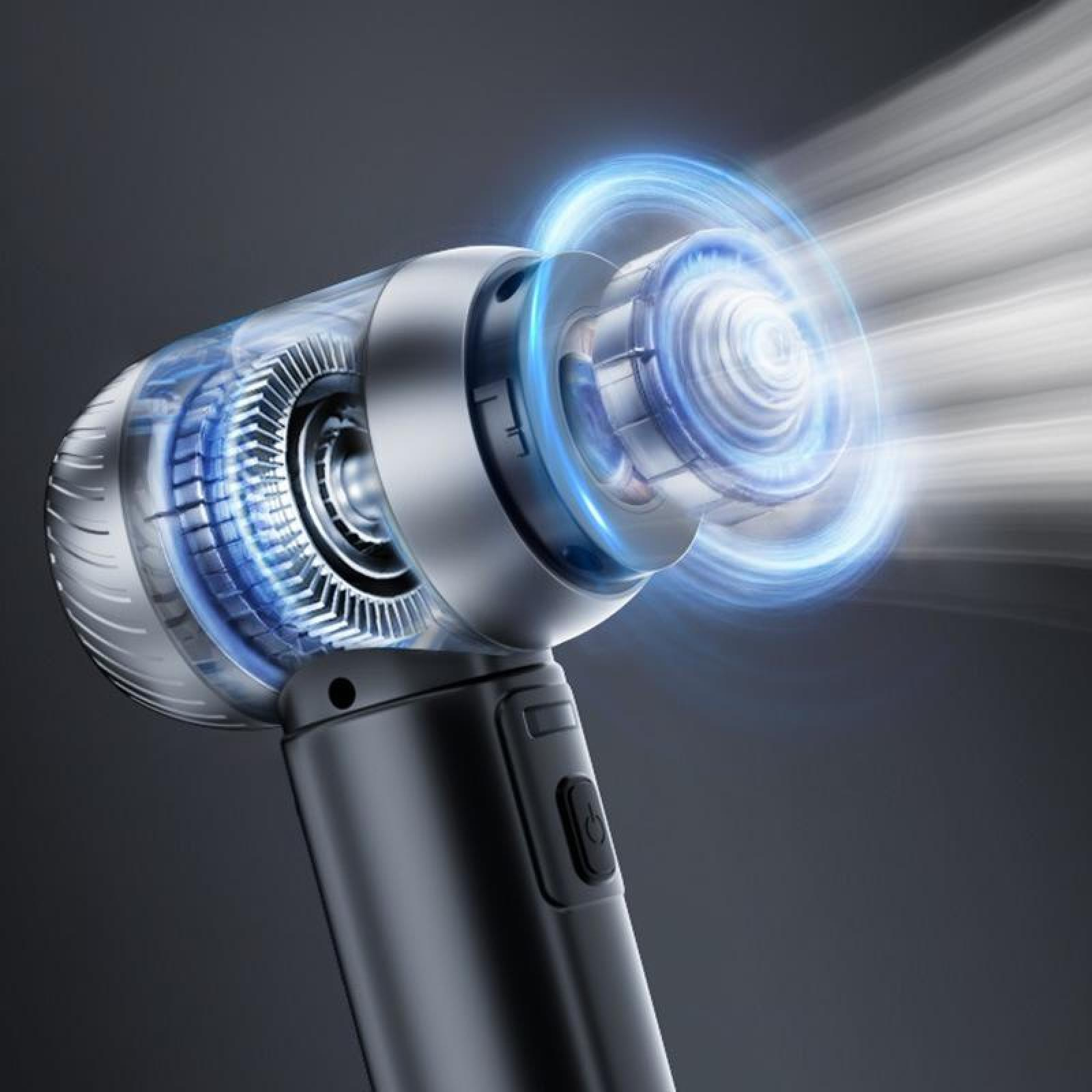 Nahaufnahme eines Haartrockners mit transparentem Abschnitt, der Innenteile und blaue Leuchtringe zeigt.