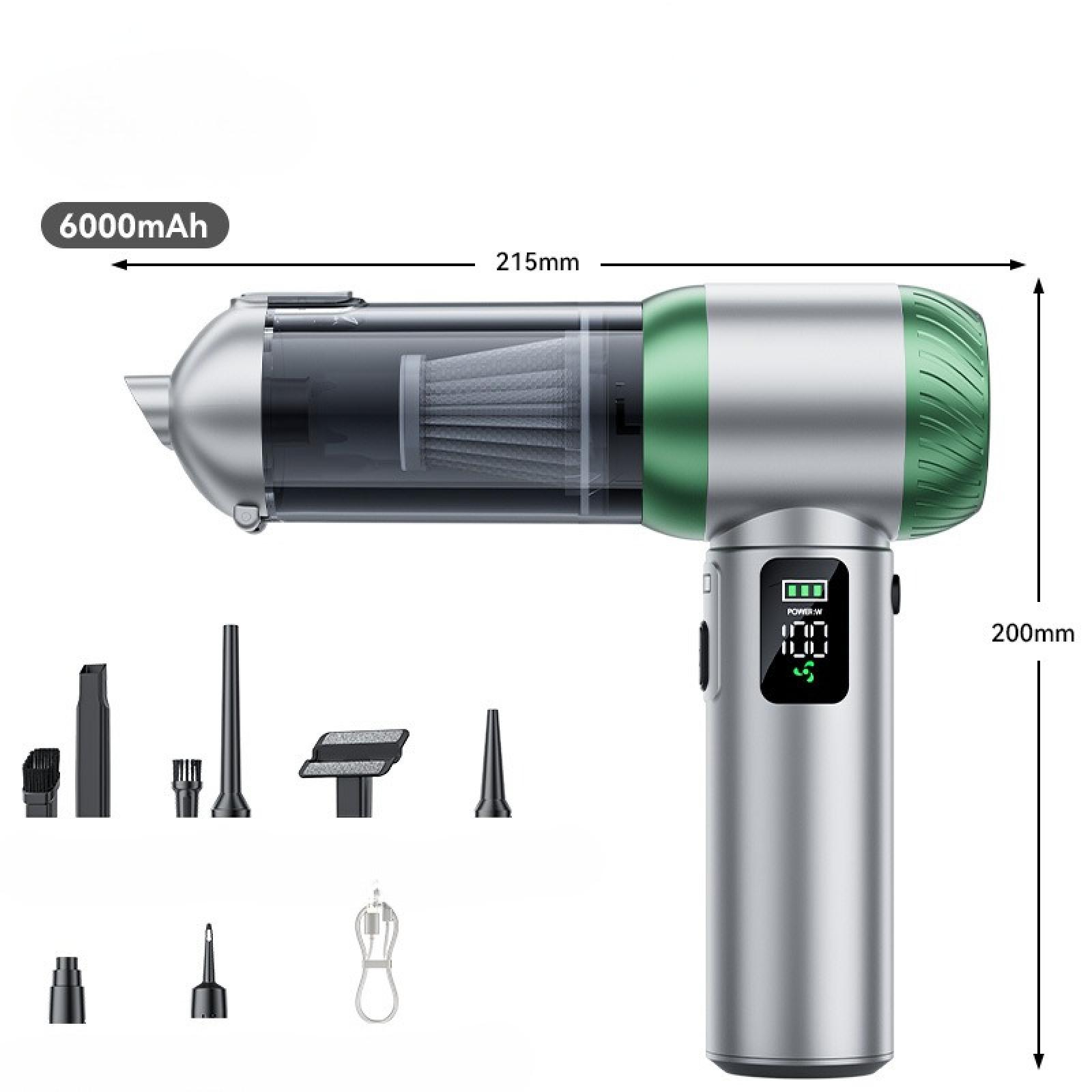 Ein Handstaubsauger. Er ist silber und grün und wird mit verschiedenen Aufsätzen geliefert. Der Akku hat 6000 mAh.