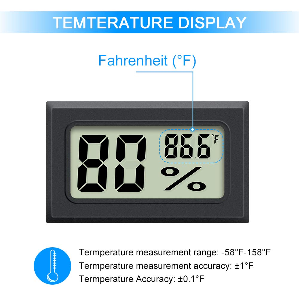 Ein digitales Thermometer zeigt 80 und 86,6% an. Es zeigt auch den Temperaturbereich, die Genauigkeit und ein Thermometersymbol.