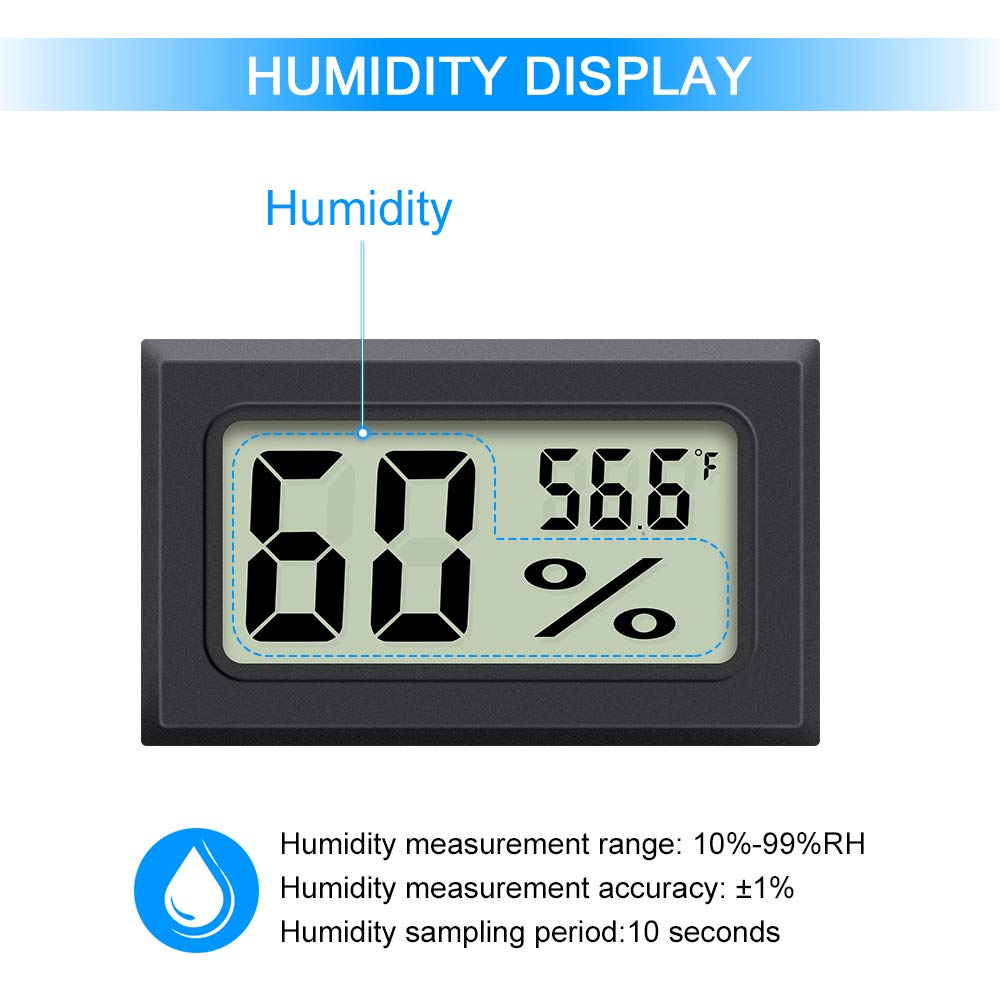Ein digitales Feuchtigkeitsdisplay zeigt 60 % Luftfeuchtigkeit und 56,6 Grad Fahrenheit an. Das Gerät ist schwarz mit einem blauen Wassertropfensymbol.