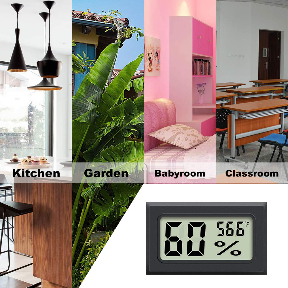 Das Bild zeigt Szenen von Küche, Garten, Babyzimmer, Klassenzimmer und ein digitales Thermometer, das 60 % Luftfeuchtigkeit und 56,6 °F anzeigt.
