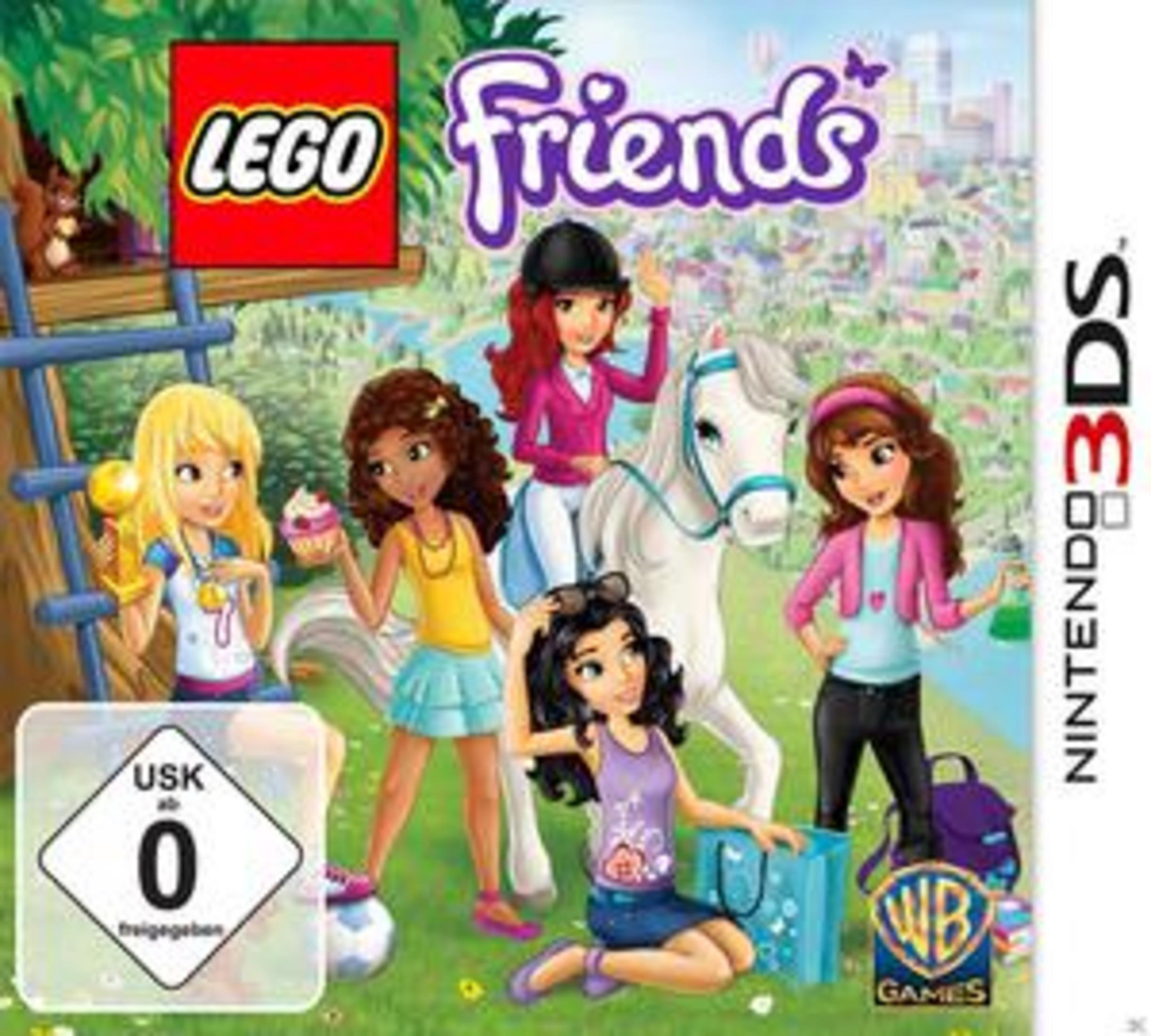 Lego Friends-Spielcover mit Zeichentrickmädchen, Pferd und Stadtlandschaft. Enthält eine USK-Bewertung und ein Nintendo 3DS-Logo.