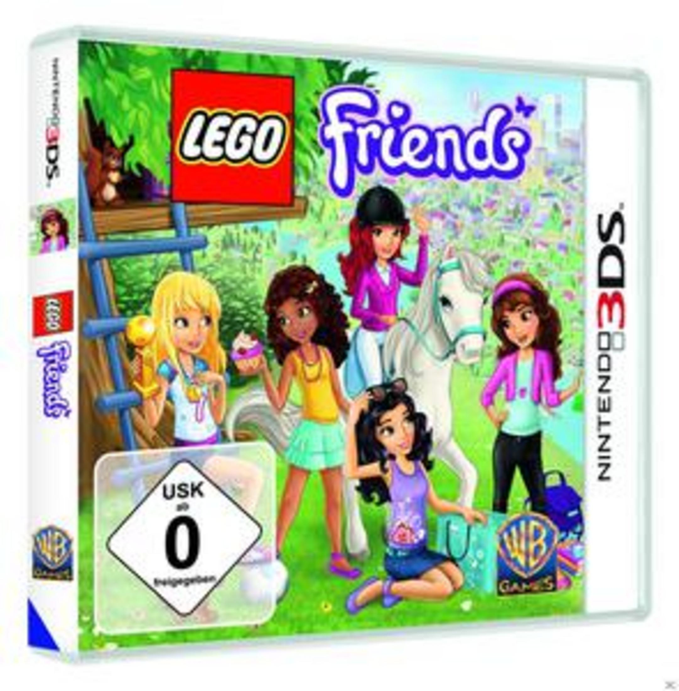 Lego Friends Spielbox. Mehrere Mädchen mit einem Pferd auf Gras. Die Box hat das Nintendo 3DS Logo und USK 0 Bewertung.